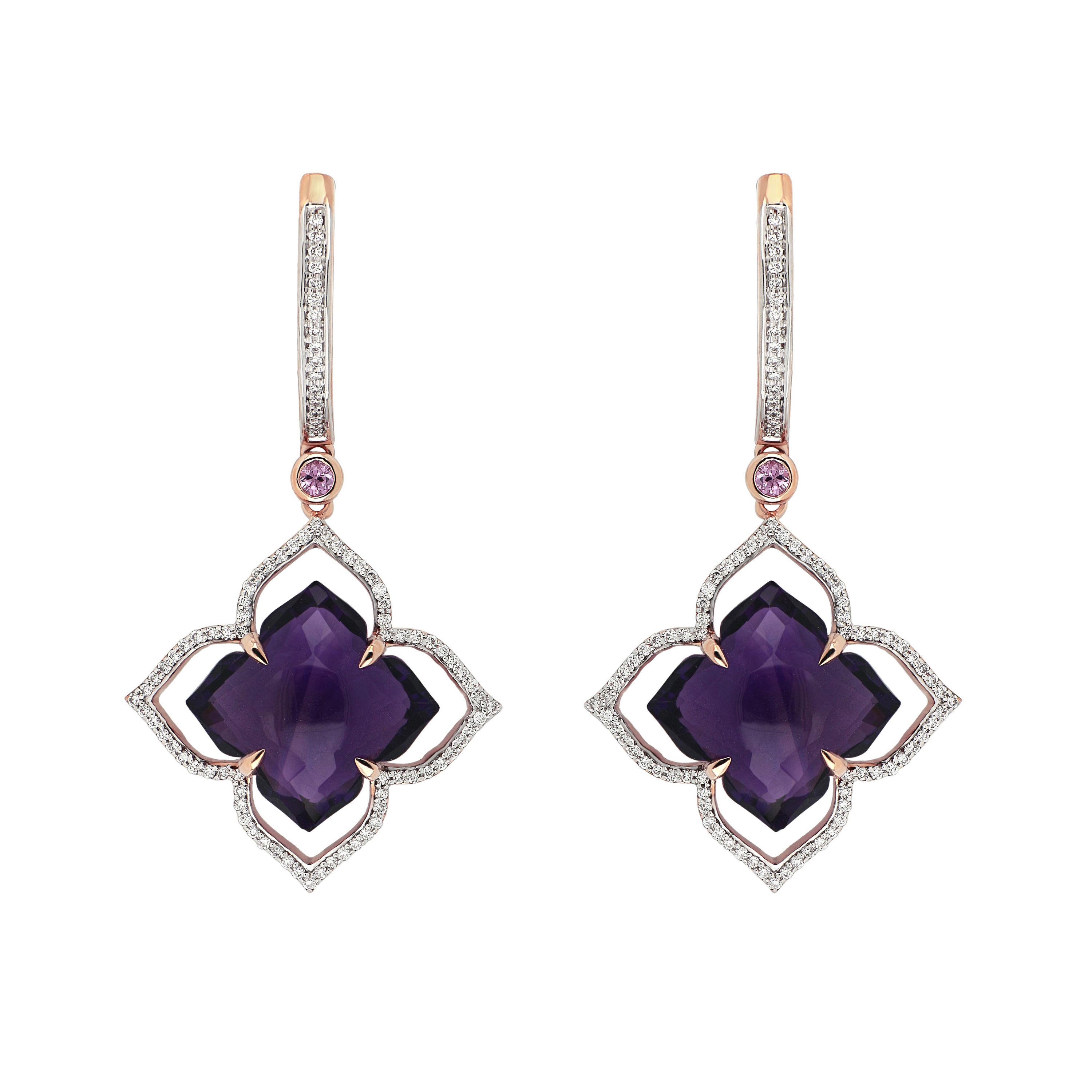 Boucles d'oreilles en goutte en or rose 14 carats avec améthyste, saphir rose et diamants