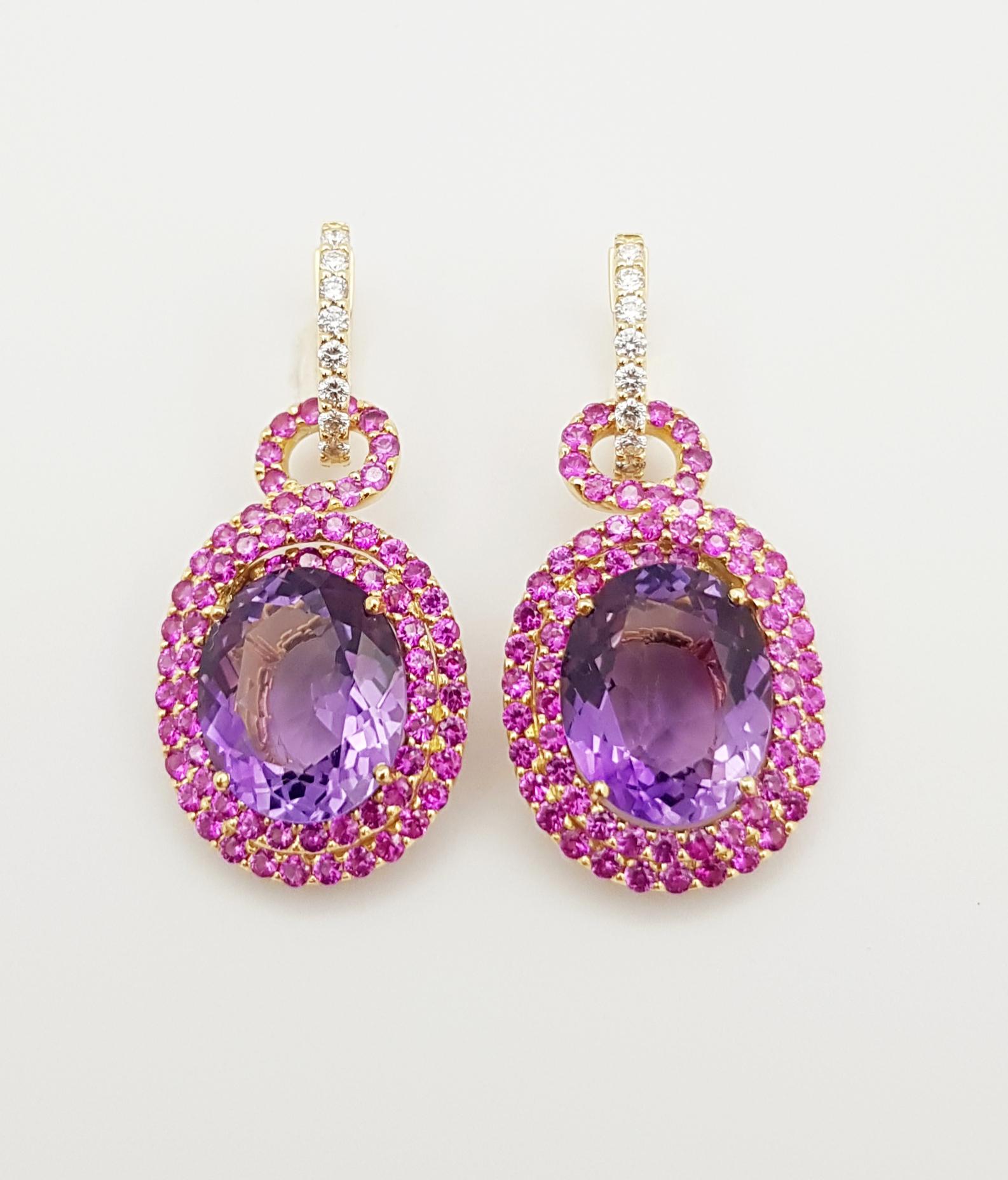 Contemporary Amethyst, Pink Sapphire and Diamond Earrings Set in 18 Karat Gold Settings For Sale