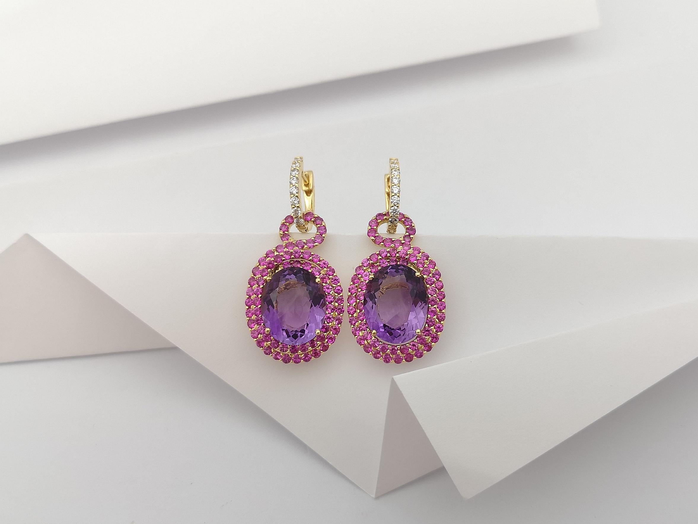 Amethyst, Pink Sapphire and Diamond Earrings Set in 18 Karat Gold Settings In New Condition For Sale In Bangkok, TH