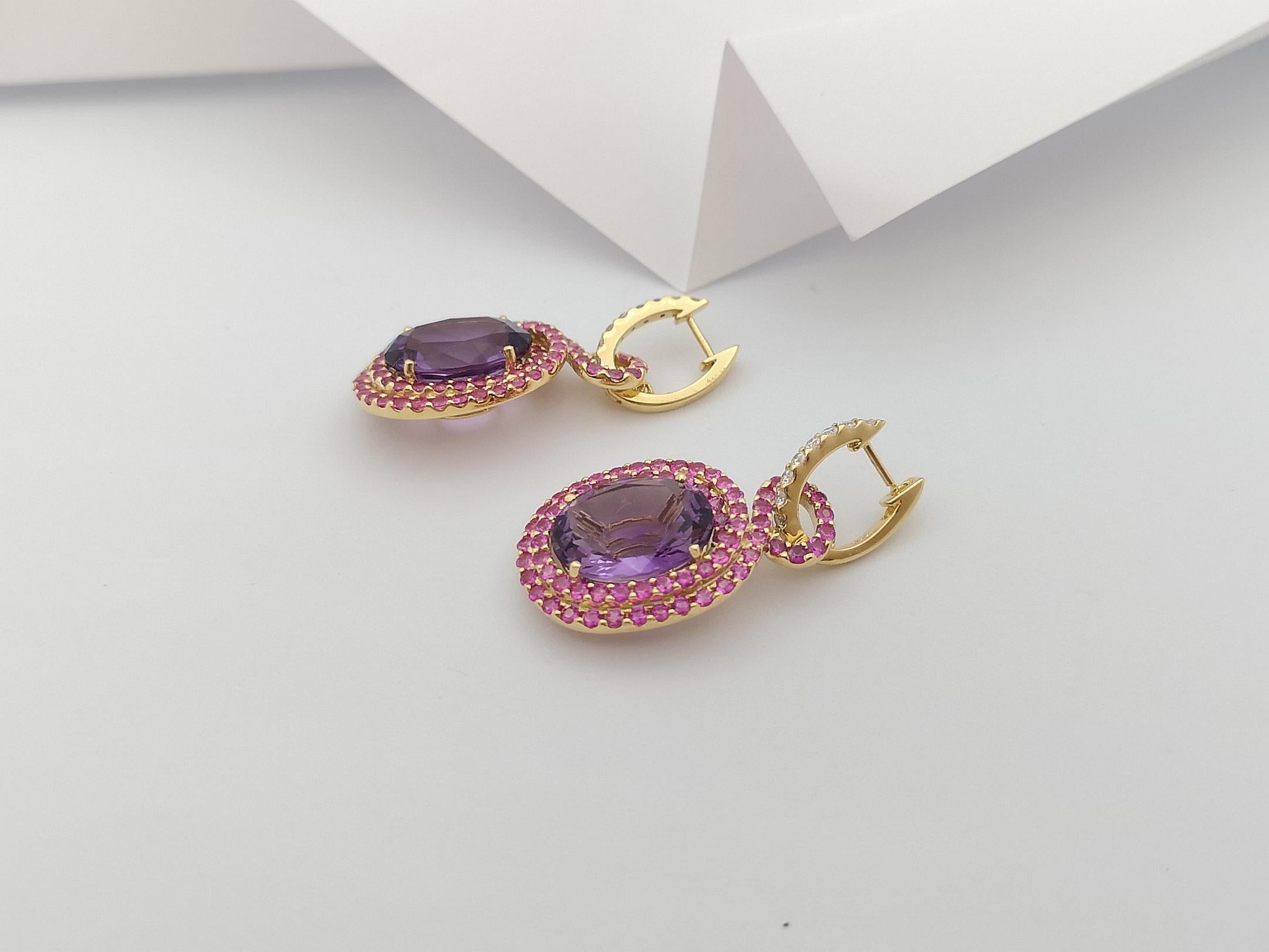 Women's Amethyst, Pink Sapphire and Diamond Earrings Set in 18 Karat Gold Settings For Sale