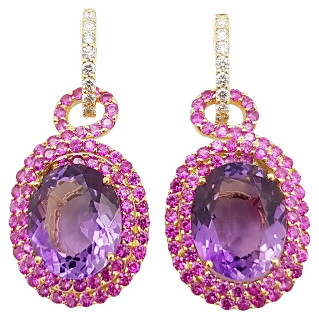 Amethyst, Pink Sapphire and Diamond Earrings Set in 18 Karat Gold Settings For Sale