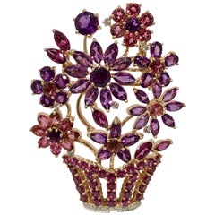 Amethyst, Pink Sapphire and Diamond Flowers 14 Karat Gold Brooch Large Pendant