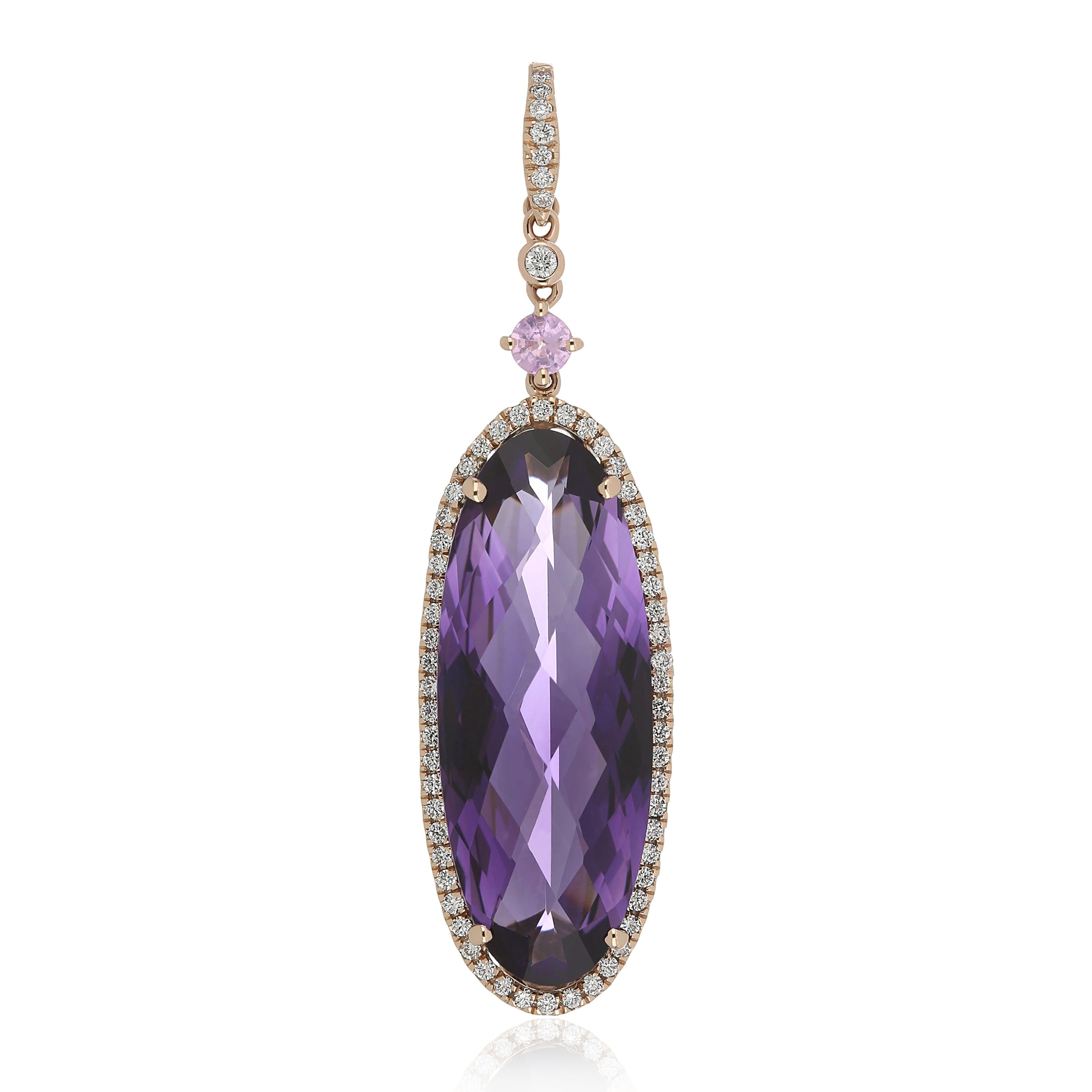 Elegant and exquisitely detailed 14 Karat Rose Gold Pendant, center set with 9.12Cts .Oval Shape Amethyst, 0.11Cts of natural Pink Sapphire accented with micro pave set Diamonds, weighing approx. 0.281Cts Beautifully Hand crafted in 14 Karat Rose