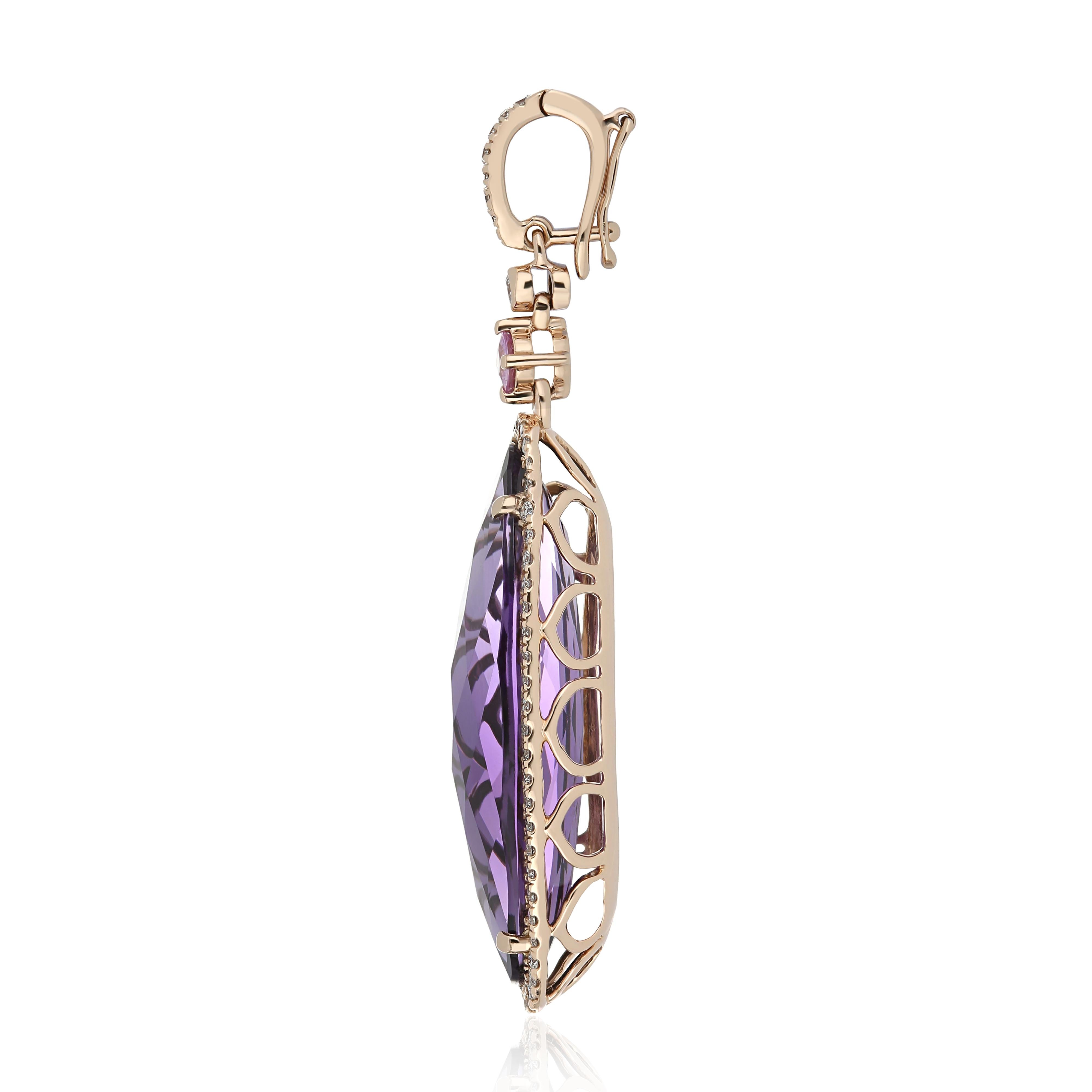 Oval Cut Amethyst, Pink Sapphire and Diamond Studded Pendant in 14 Karat Rose Gold For Sale