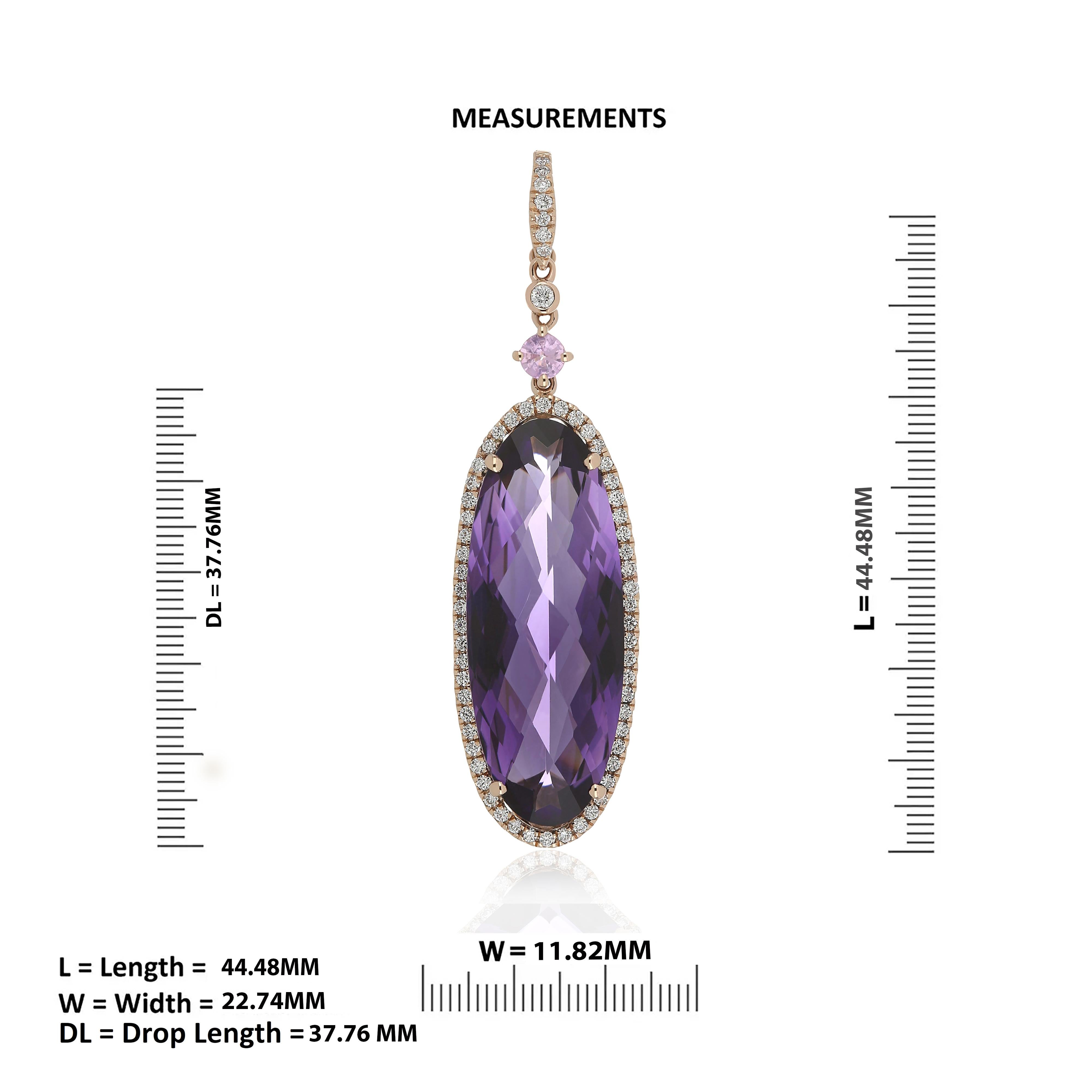 Women's Amethyst, Pink Sapphire and Diamond Studded Pendant in 14 Karat Rose Gold For Sale