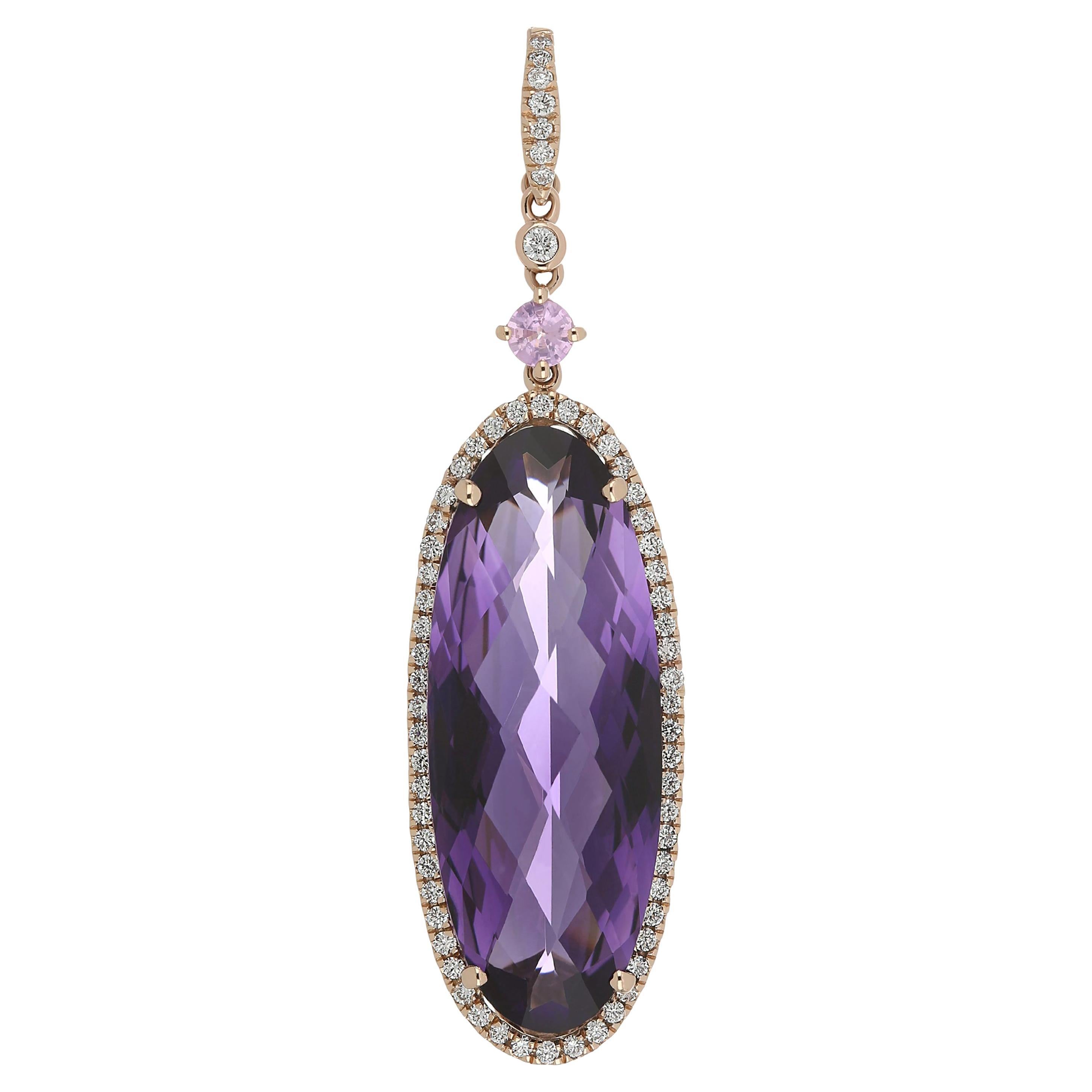 Amethyst, Pink Sapphire and Diamond Studded Pendant in 14 Karat Rose Gold For Sale