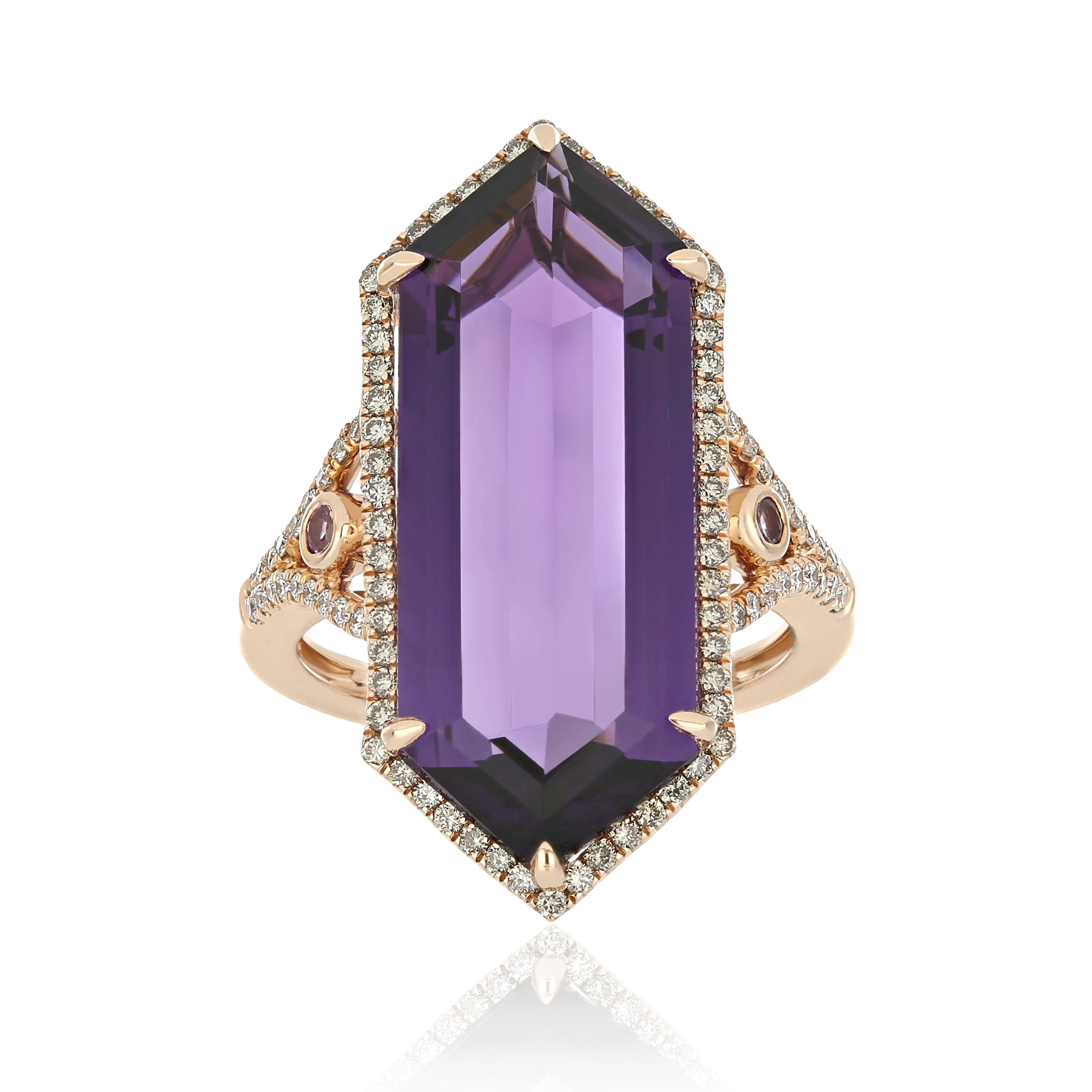 For Sale:  Amethyst, Pink Sapphire and Diamond Studded Ring 14 Karat Rose Gold 2