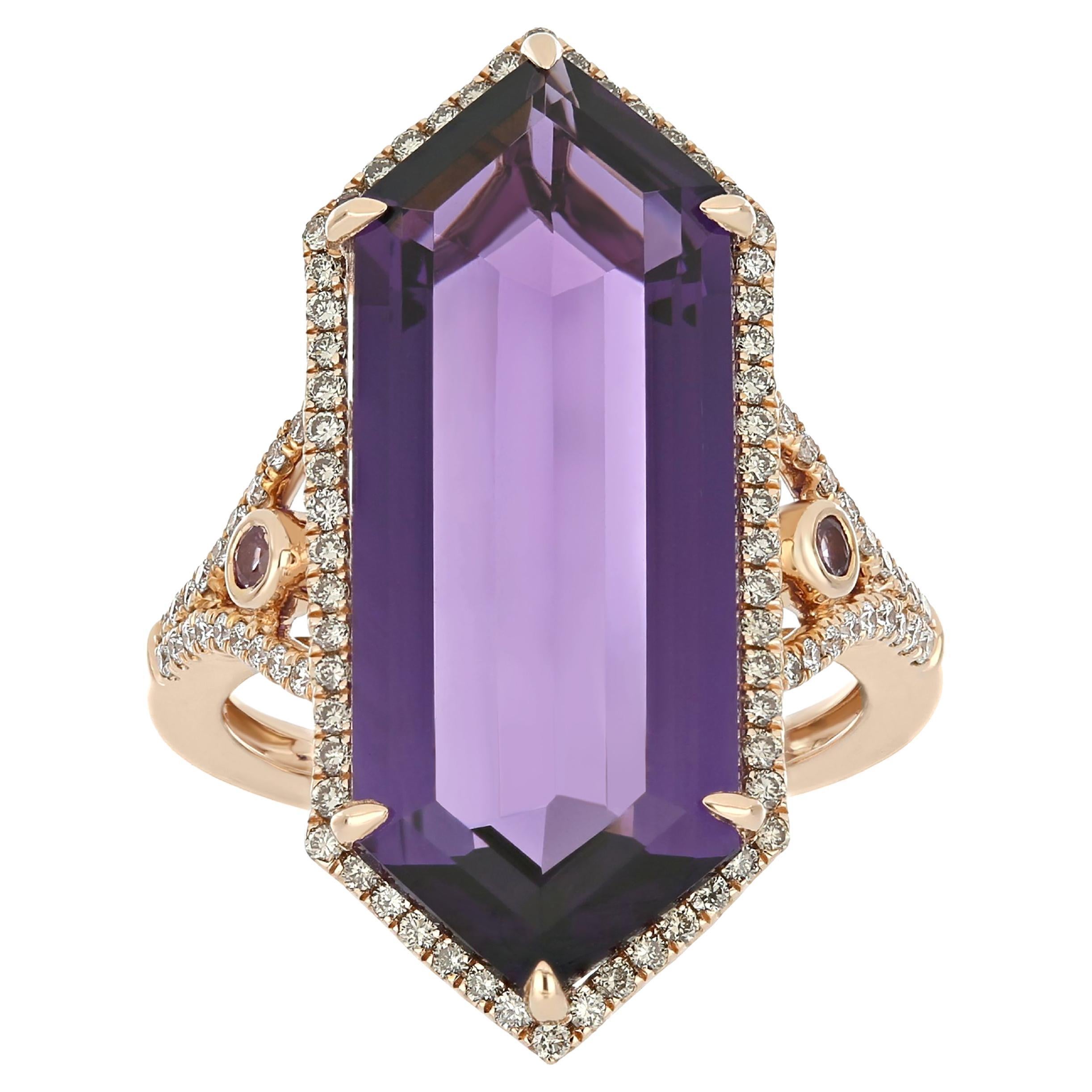 For Sale:  Amethyst, Pink Sapphire and Diamond Studded Ring 14 Karat Rose Gold