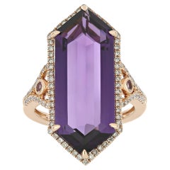 Amethyst, Pink Sapphire and Diamond Studded Ring 14 Karat Rose Gold