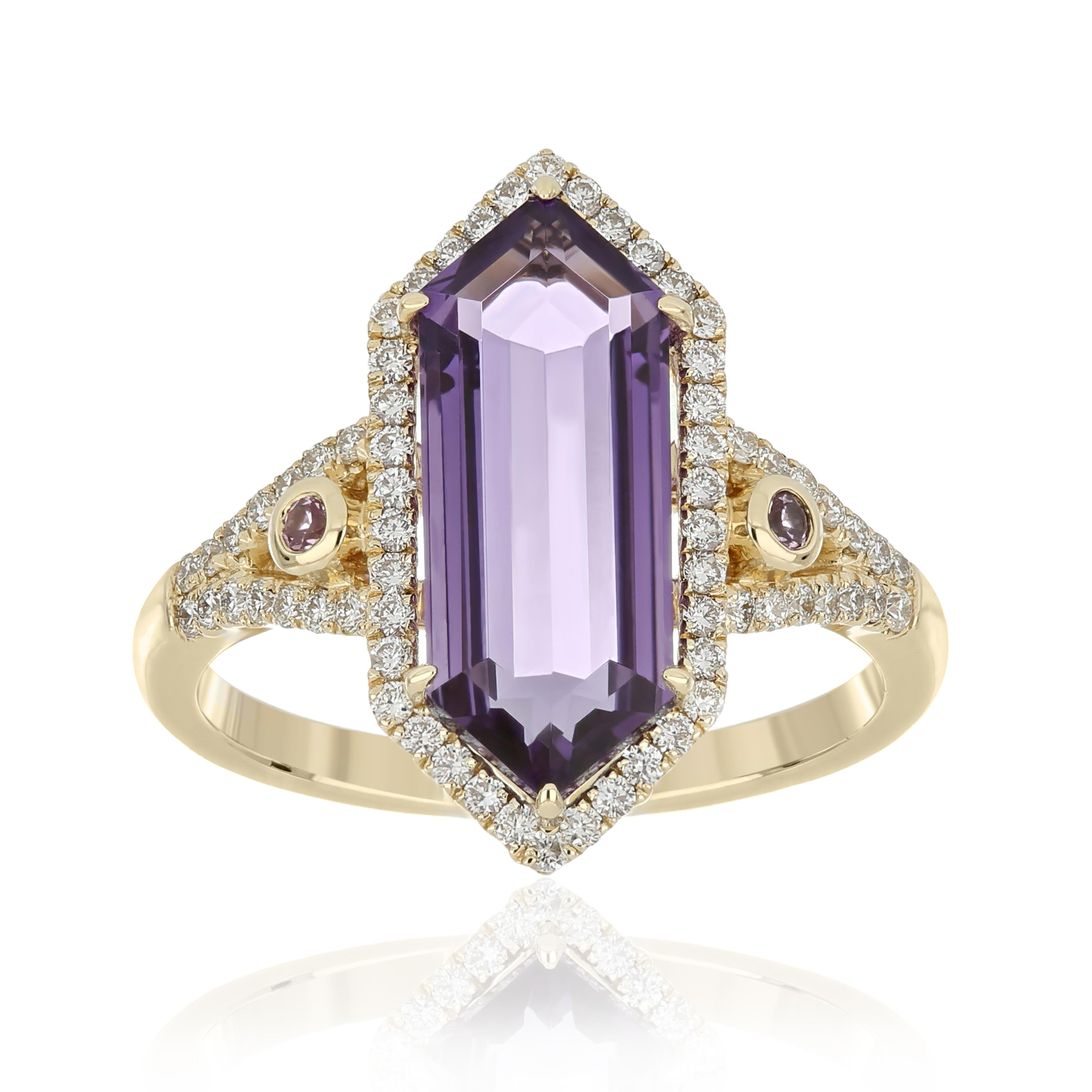 For Sale:  Amethyst, Pink Sapphire and Diamond Studded Ring 14 Karat Yellow Gold 2