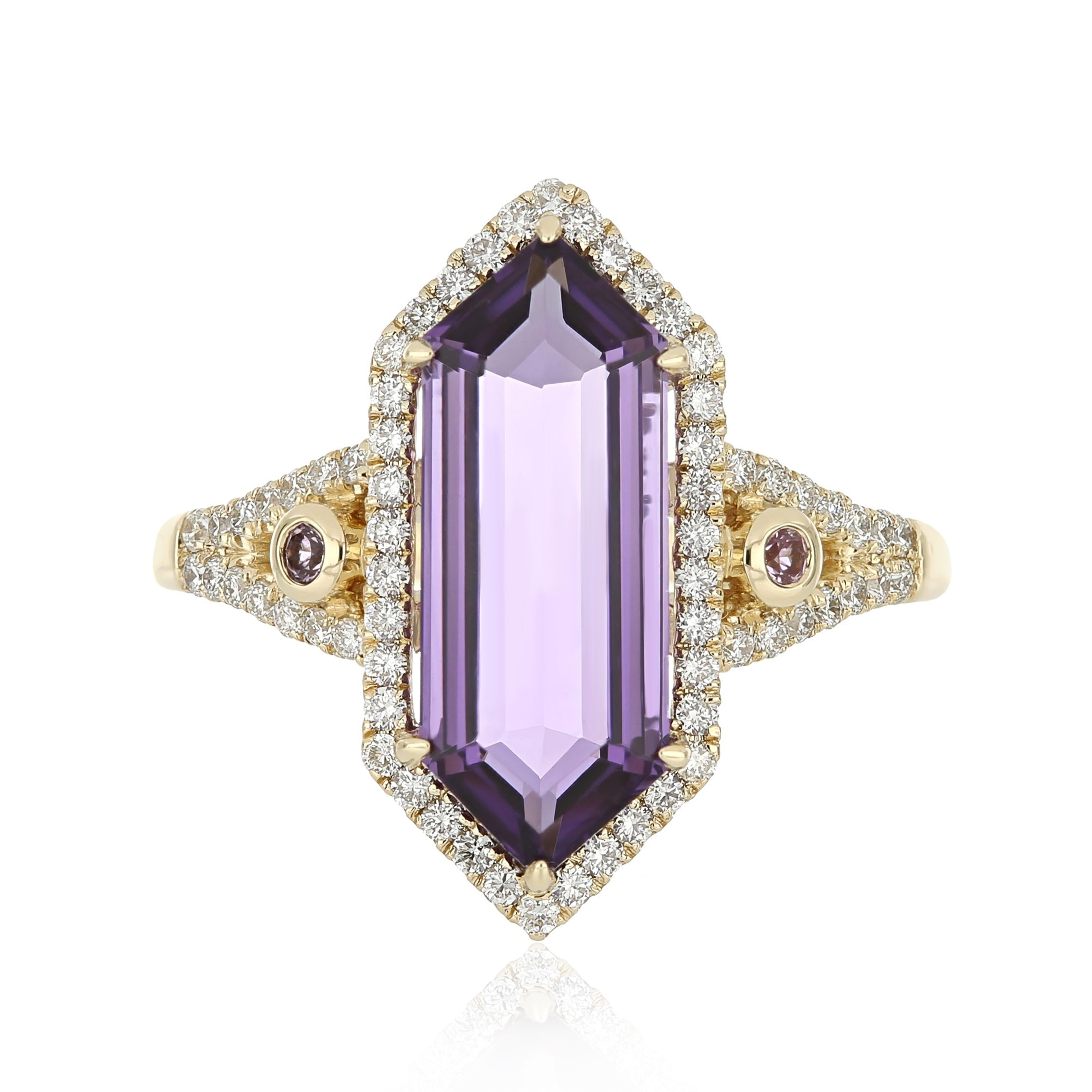 For Sale:  Amethyst, Pink Sapphire and Diamond Studded Ring 14 Karat Yellow Gold 3