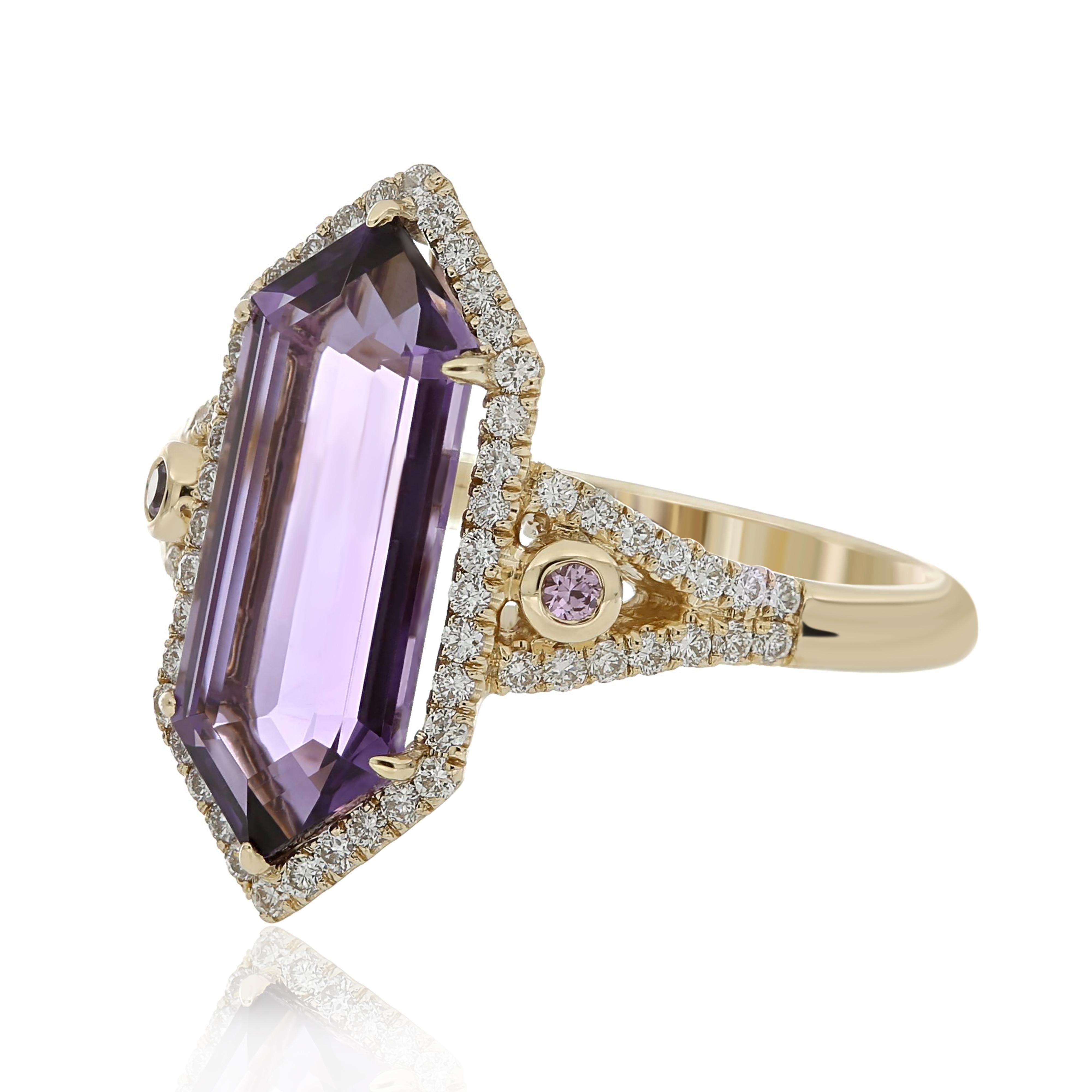 For Sale:  Amethyst, Pink Sapphire and Diamond Studded Ring 14 Karat Yellow Gold 4