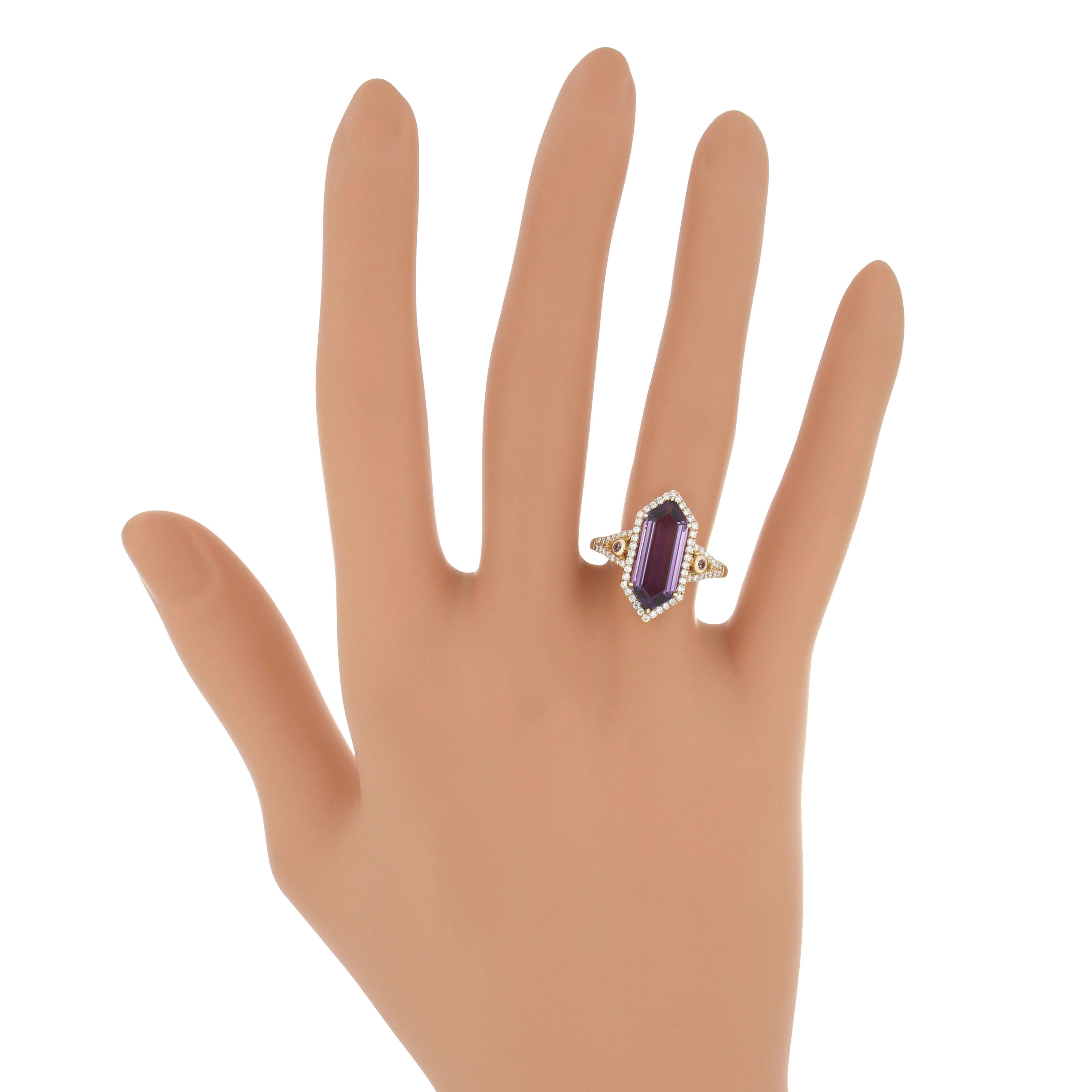For Sale:  Amethyst, Pink Sapphire and Diamond Studded Ring 14 Karat Yellow Gold 8