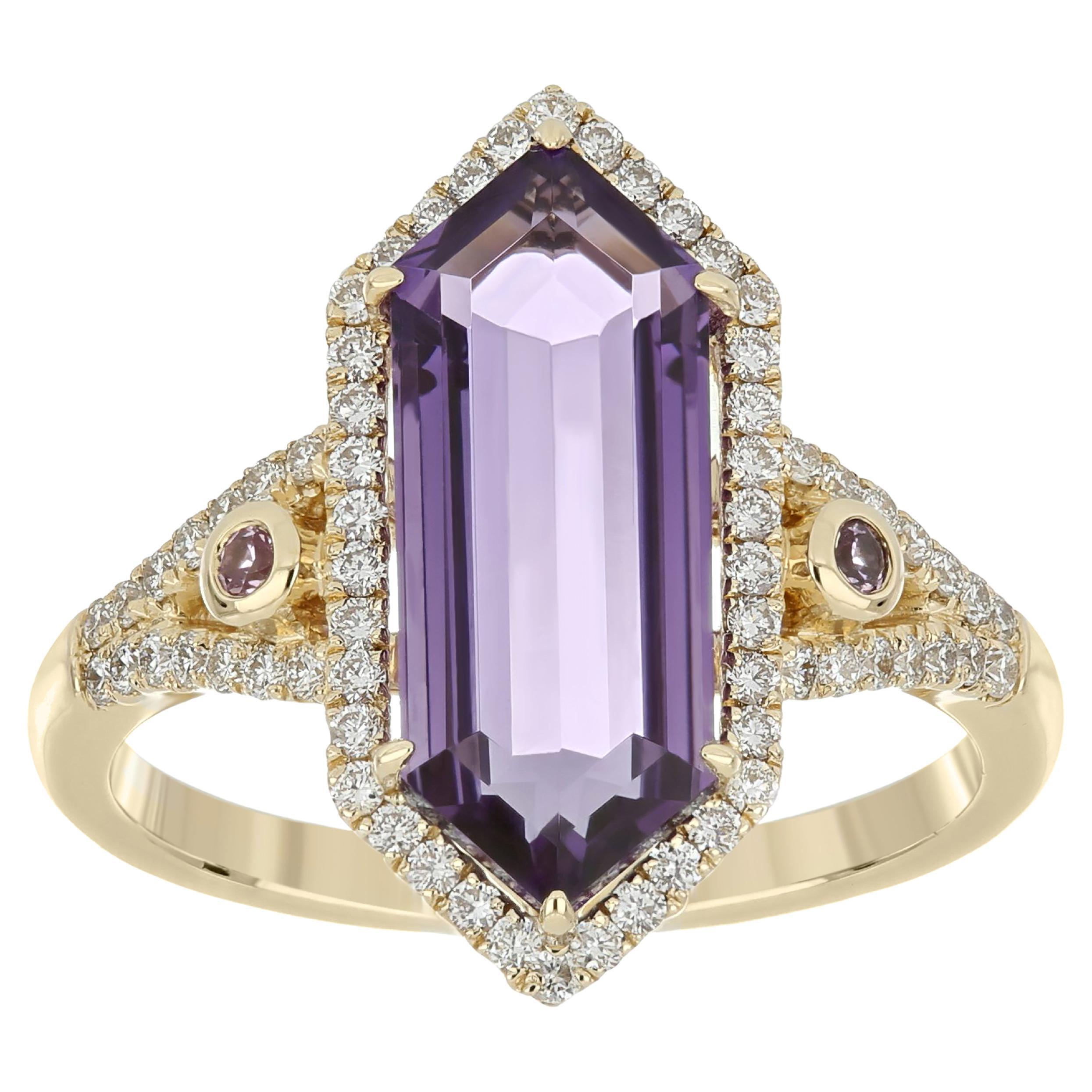 For Sale:  Amethyst, Pink Sapphire and Diamond Studded Ring 14 Karat Yellow Gold