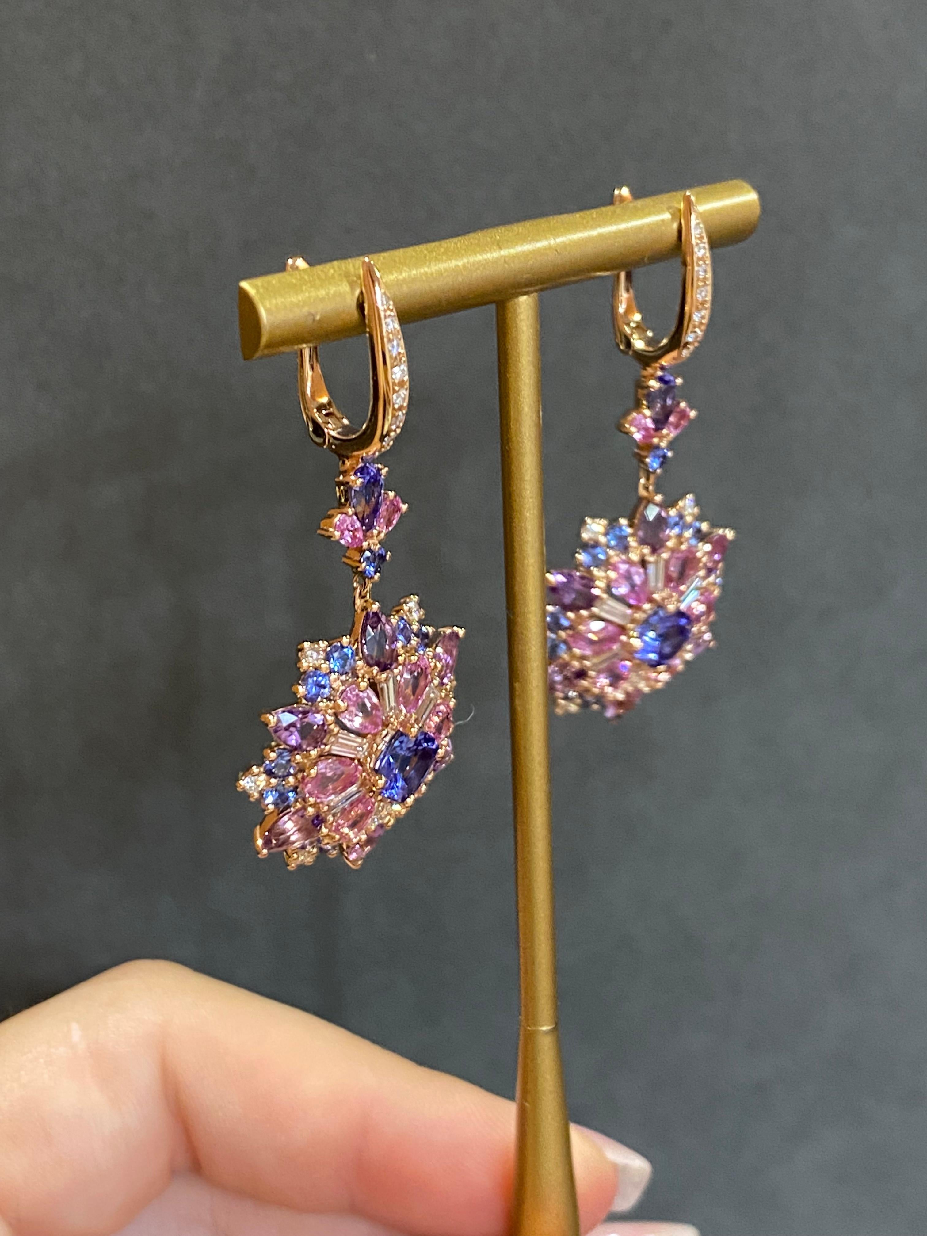 Women's Amethyst Pink Sapphire Blue Sapphire Dangle 18K Rose Gold Earrings for Her For Sale