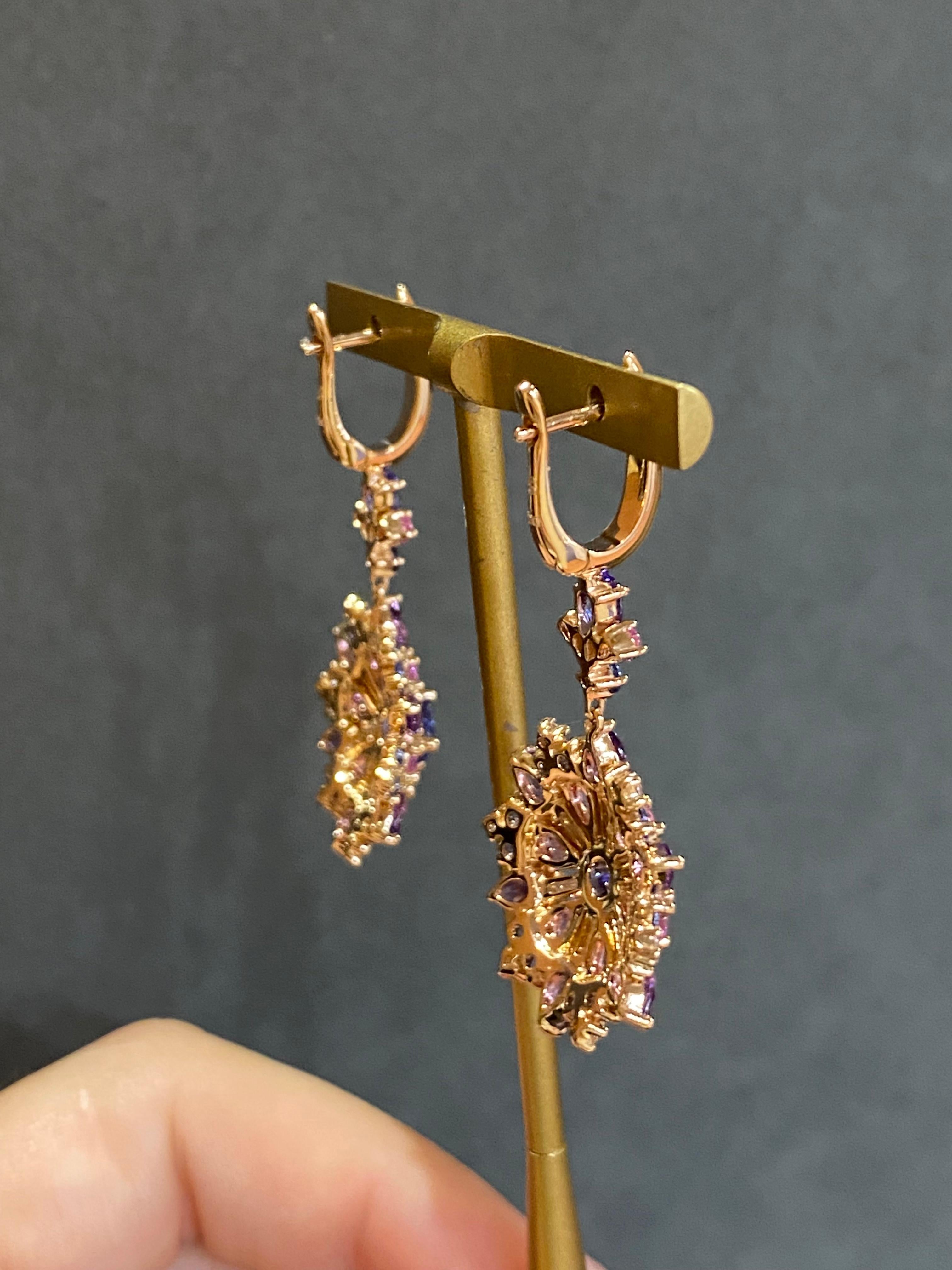 Amethyst Pink Sapphire Blue Sapphire Dangle 18K Rose Gold Earrings for Her For Sale 1