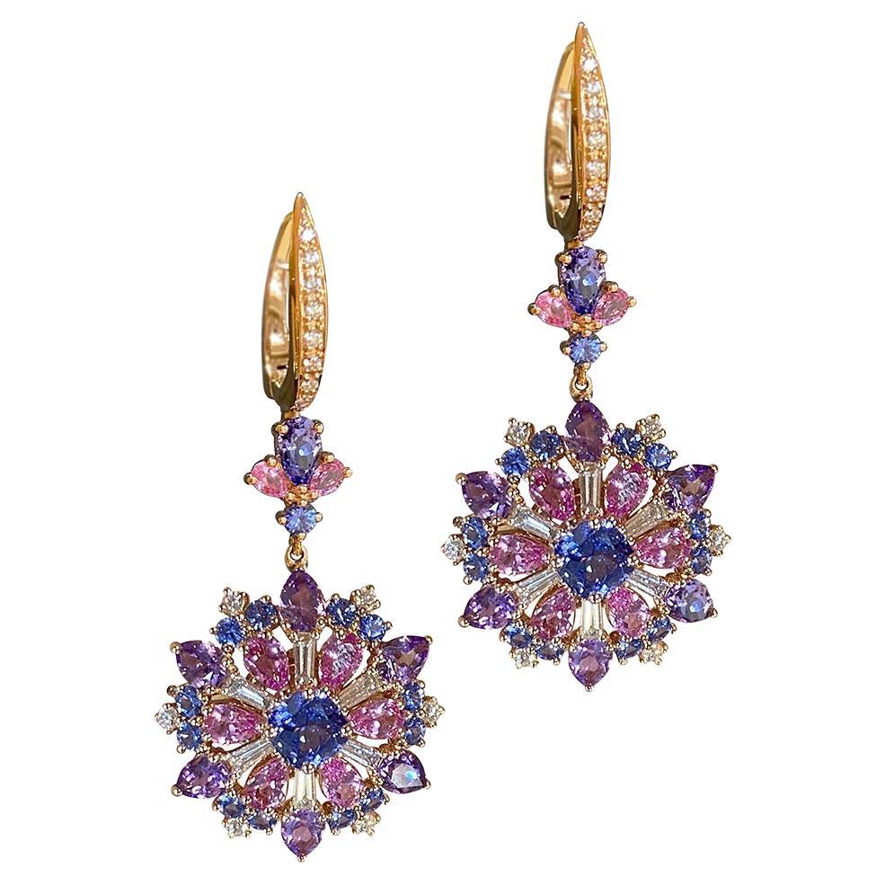 Boucles d'oreilles en or rose 18 carats avec améthyste, saphir rose et saphir bleu pour elle.