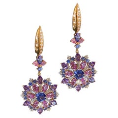 Amethyst Pink Sapphire Blue Sapphire Dangle 18K Rose Gold Earrings for Her