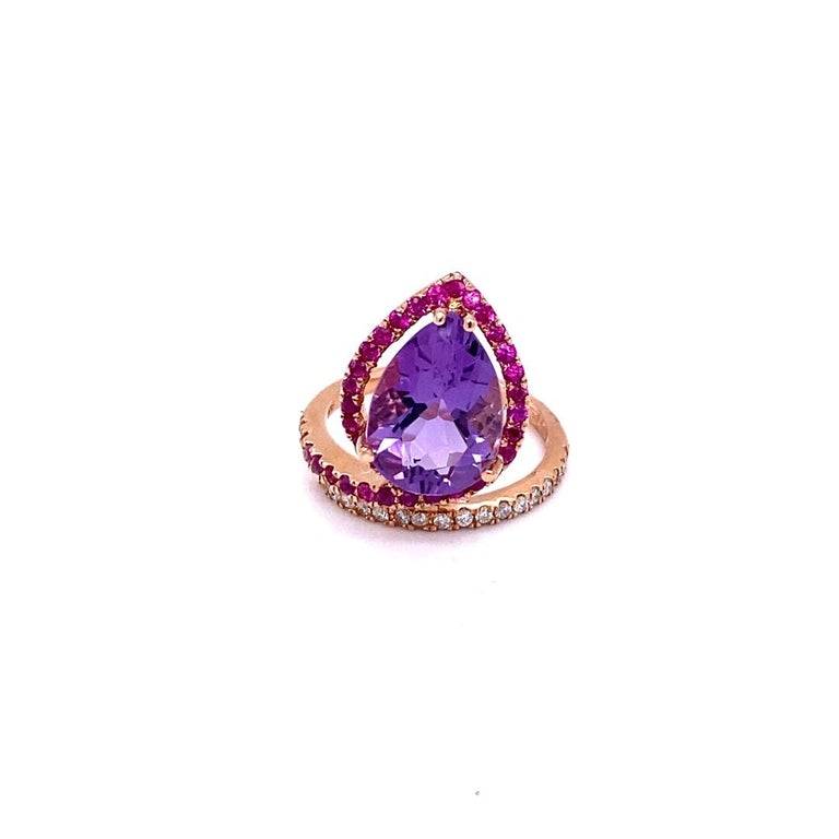 Pear Cut 5.49 Carat Amethyst Pink Sapphire Diamond Rose Gold Cocktail Ring For Sale