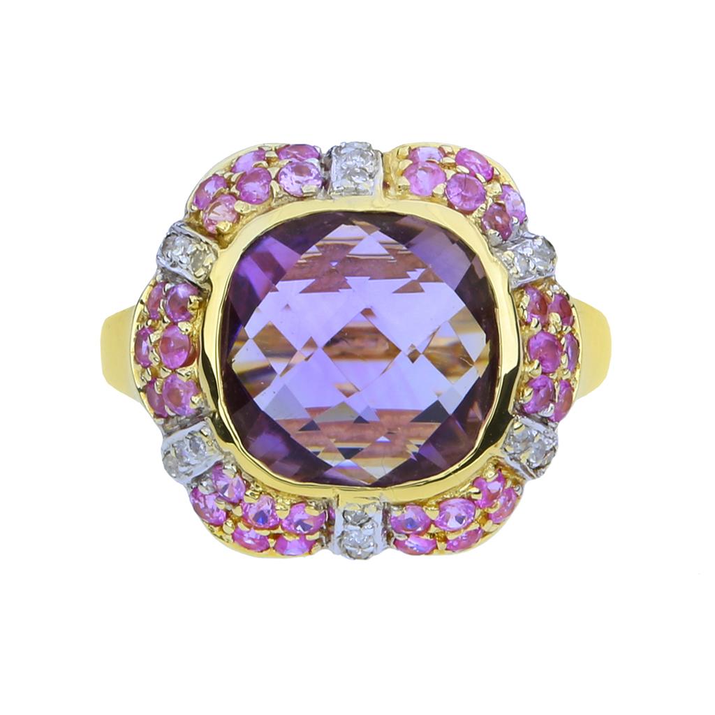 Cushion Cut Amethyst, Pink Sapphire & Diamond 14K Cocktail Ring For Sale