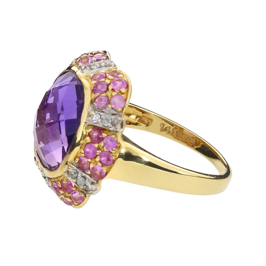 Women's or Men's Amethyst, Pink Sapphire & Diamond 14K Cocktail Ring For Sale