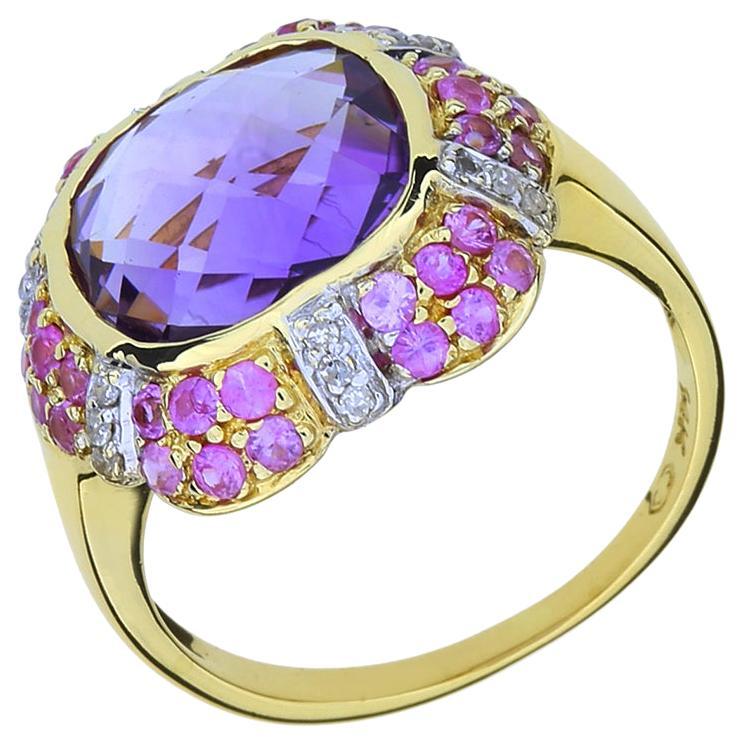 Amethyst, Pink Sapphire & Diamond 14K Cocktail Ring For Sale