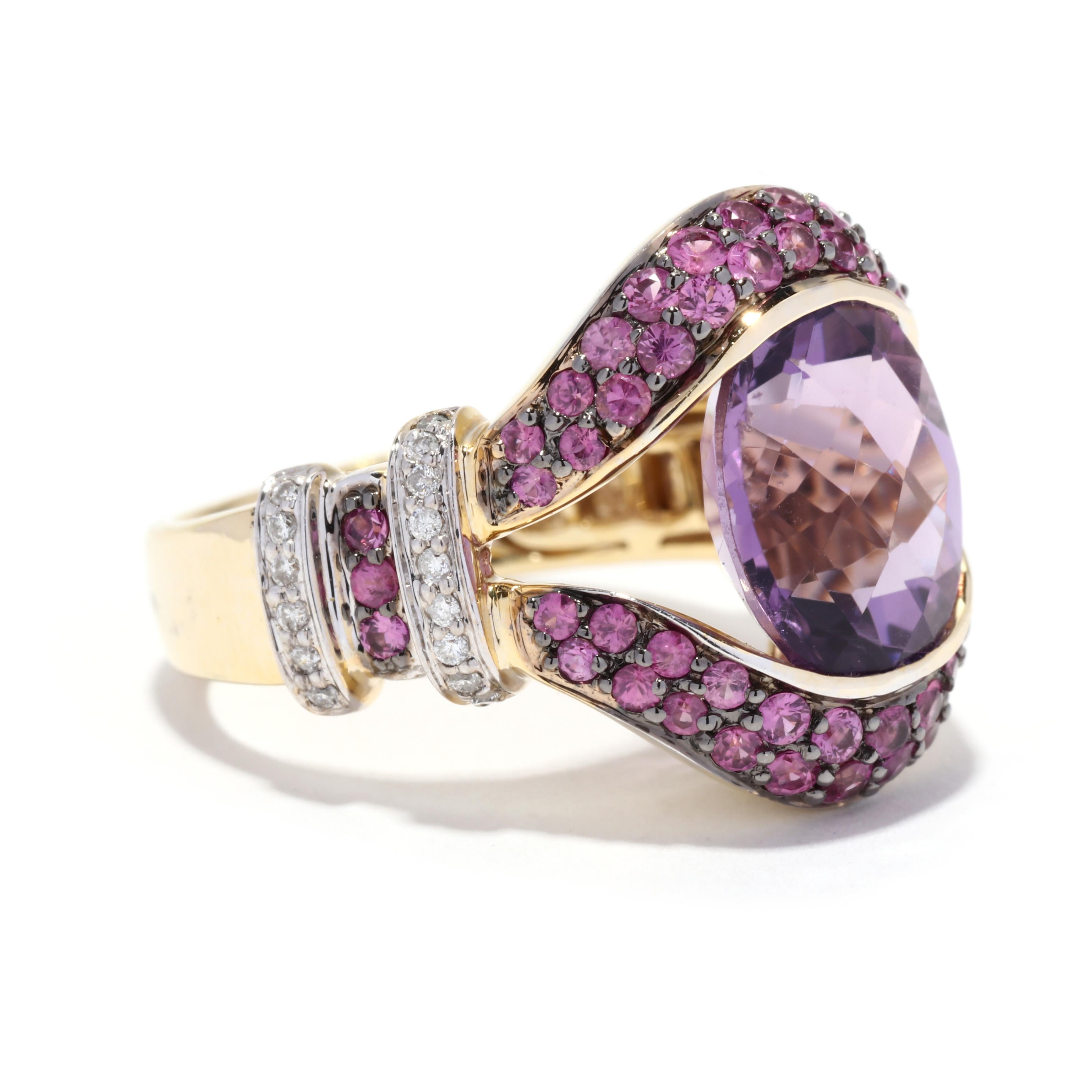A 14 karat yellow gold amethyst, pink sapphire and diamond cocktail ring. This February birthstone ring features an oval checkerboard amethyst center stone weighing approximately 4.62 carat surrounded by a split band halo with pavé set round cut