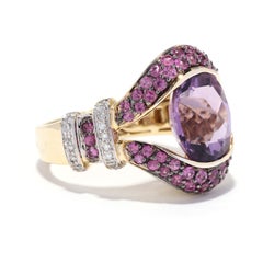 Amethyst Pink Sapphire Diamond Cocktail Ring, 14KT Yellow Gold