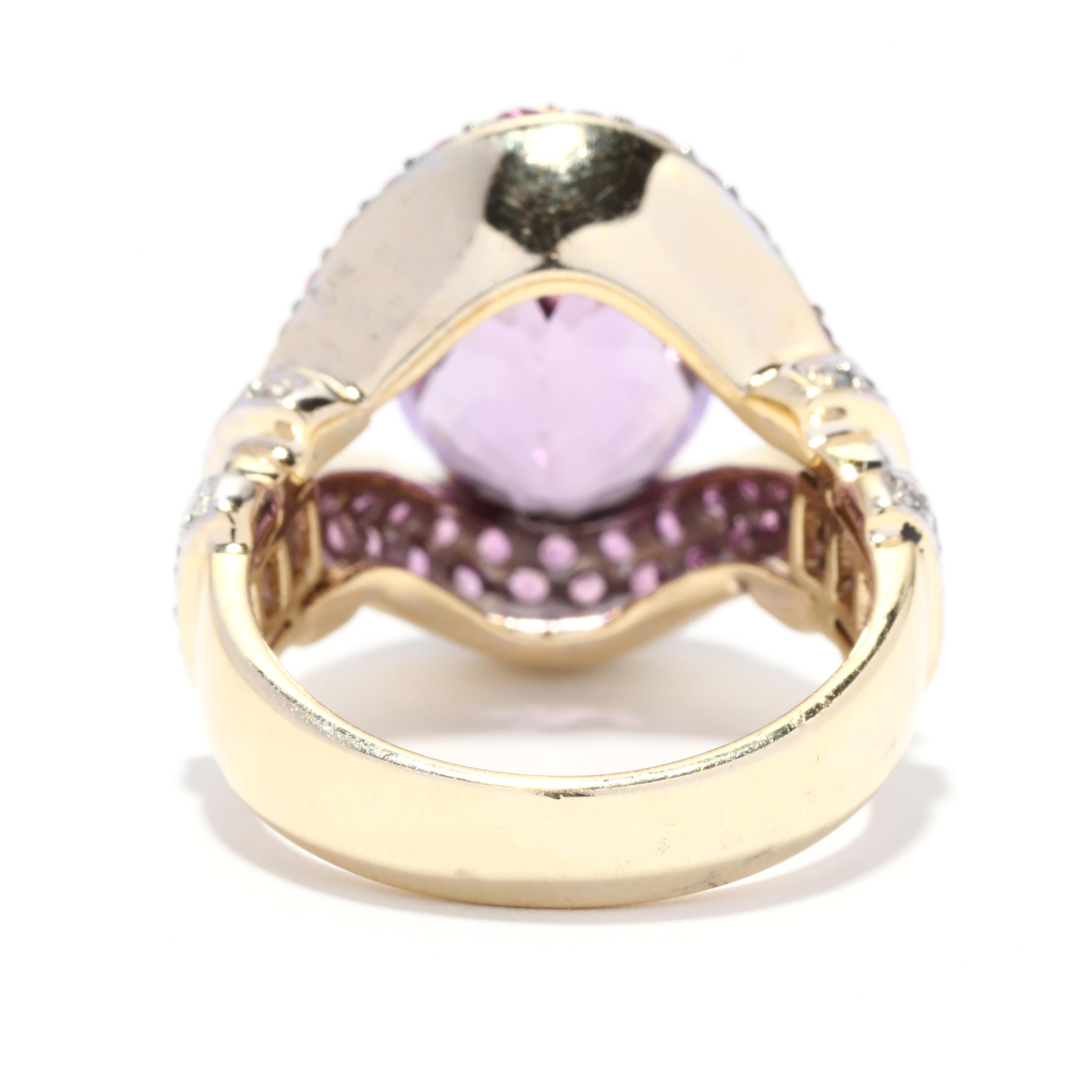 Round Cut Amethyst Pink Sapphire Diamond Cocktail Ring, 14KT Yellow Gold