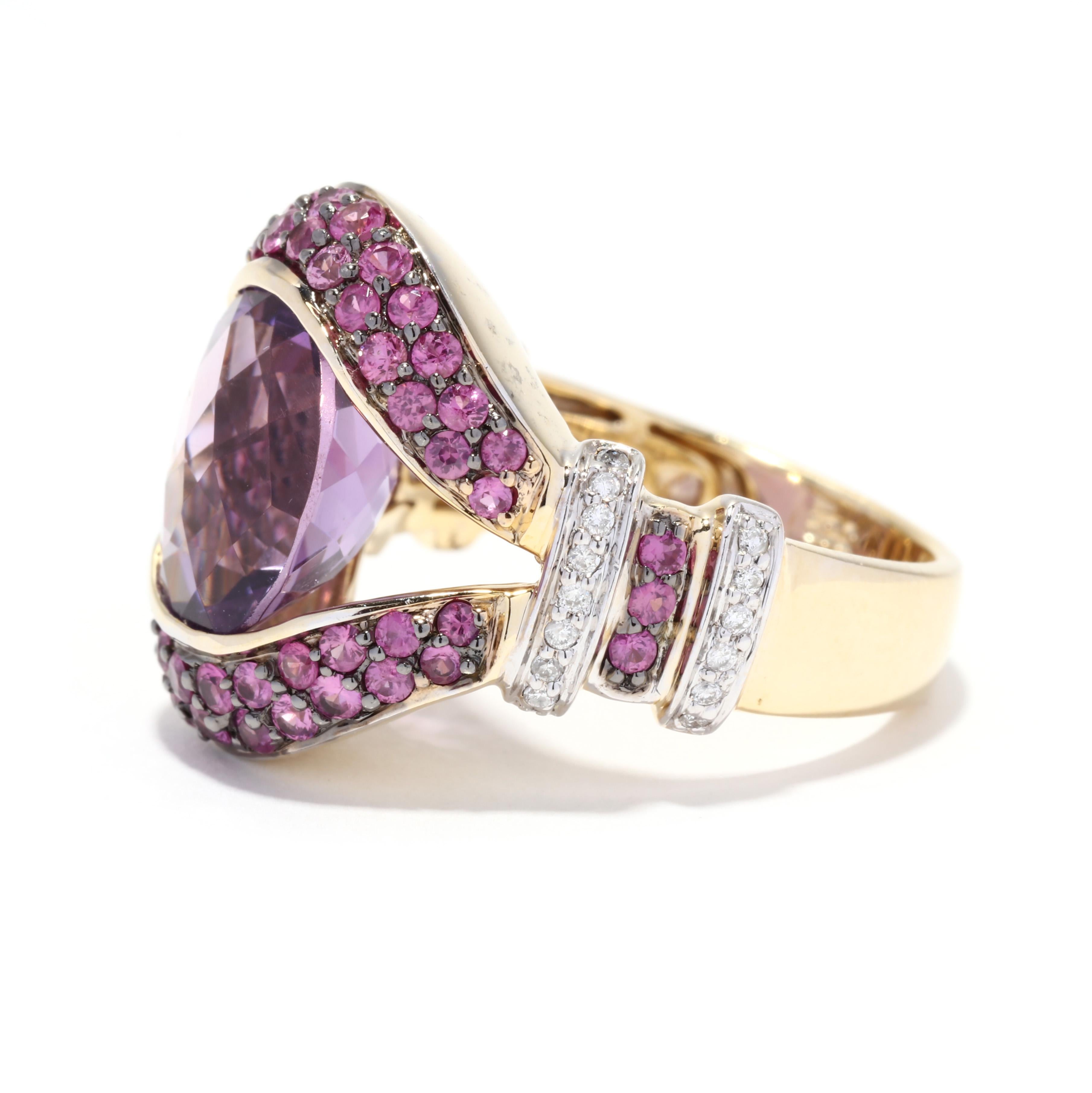 Amethyst Pink Sapphire Diamond Cocktail Ring, 14KT Yellow Gold In Good Condition In McLeansville, NC
