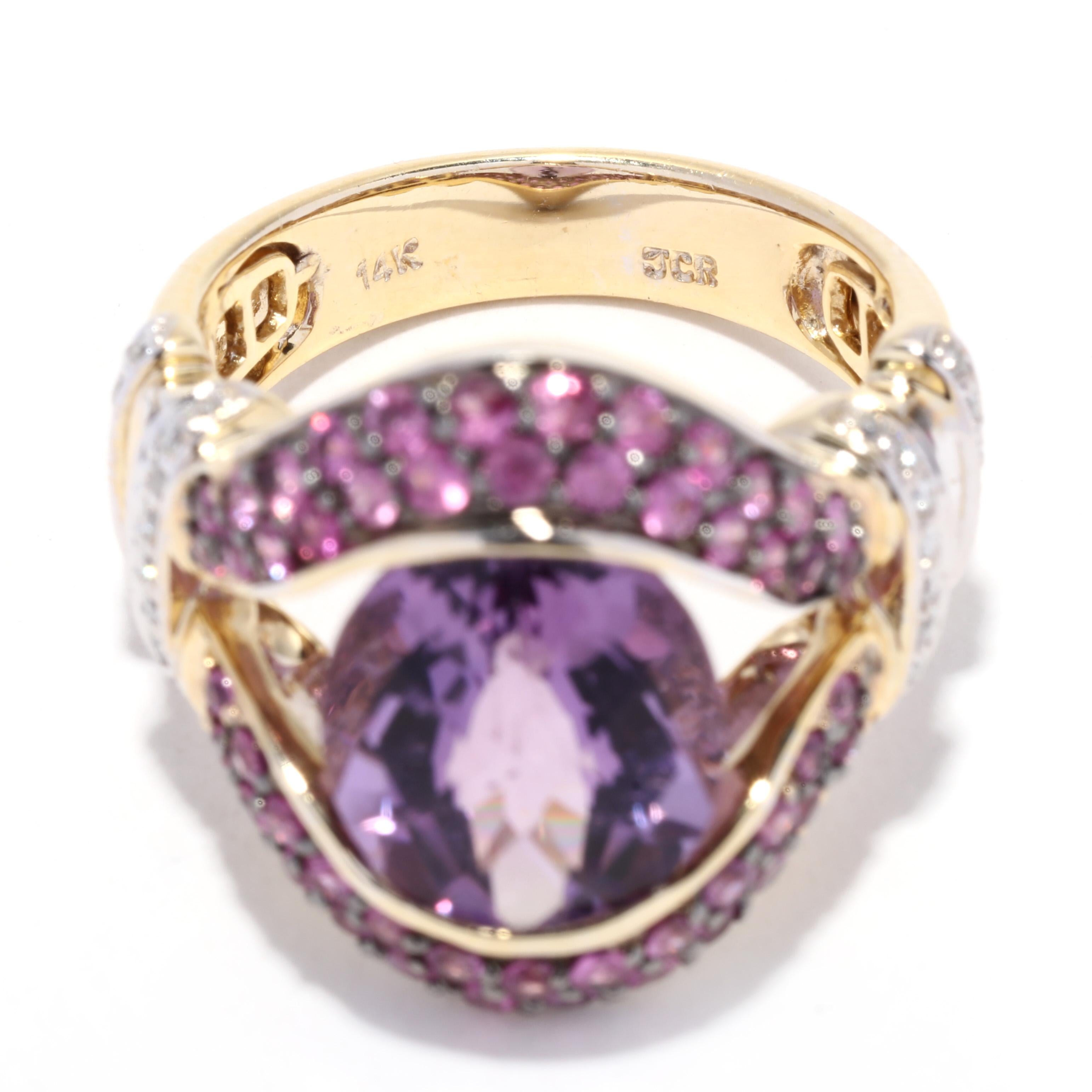 Women's or Men's Amethyst Pink Sapphire Diamond Cocktail Ring, 14KT Yellow Gold