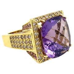 Amethyst Pink Sapphire Diamond Ring 18k Yellow Gold