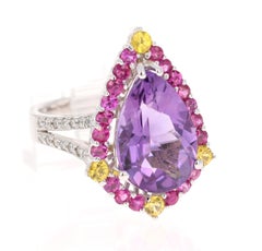 6.54 Carat Natural Amethyst Pink Sapphire Diamond White Gold Cocktail Ring