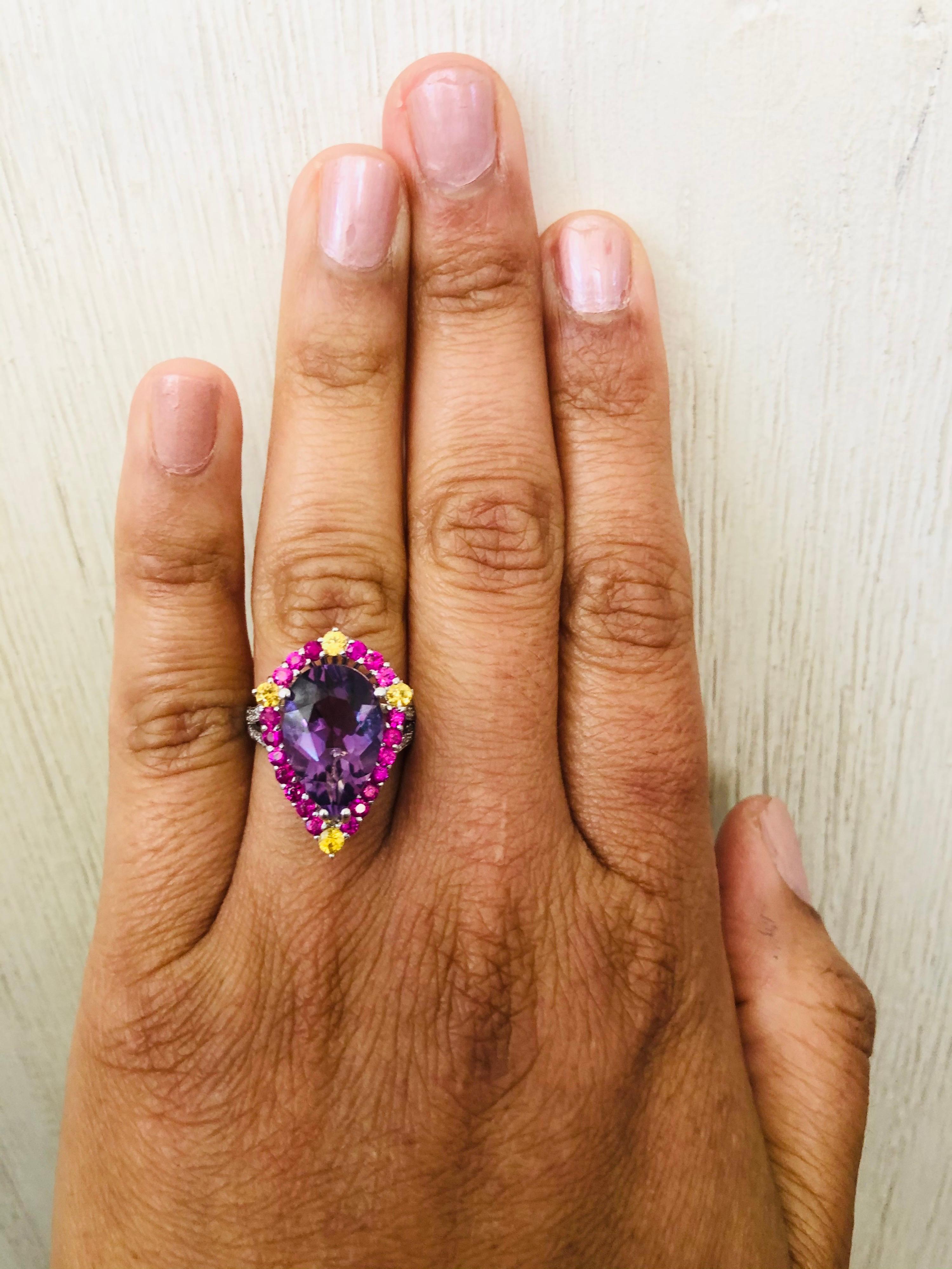 Pear Cut Amethyst Pink Sapphire Diamond White Gold Cocktail Ring For Sale