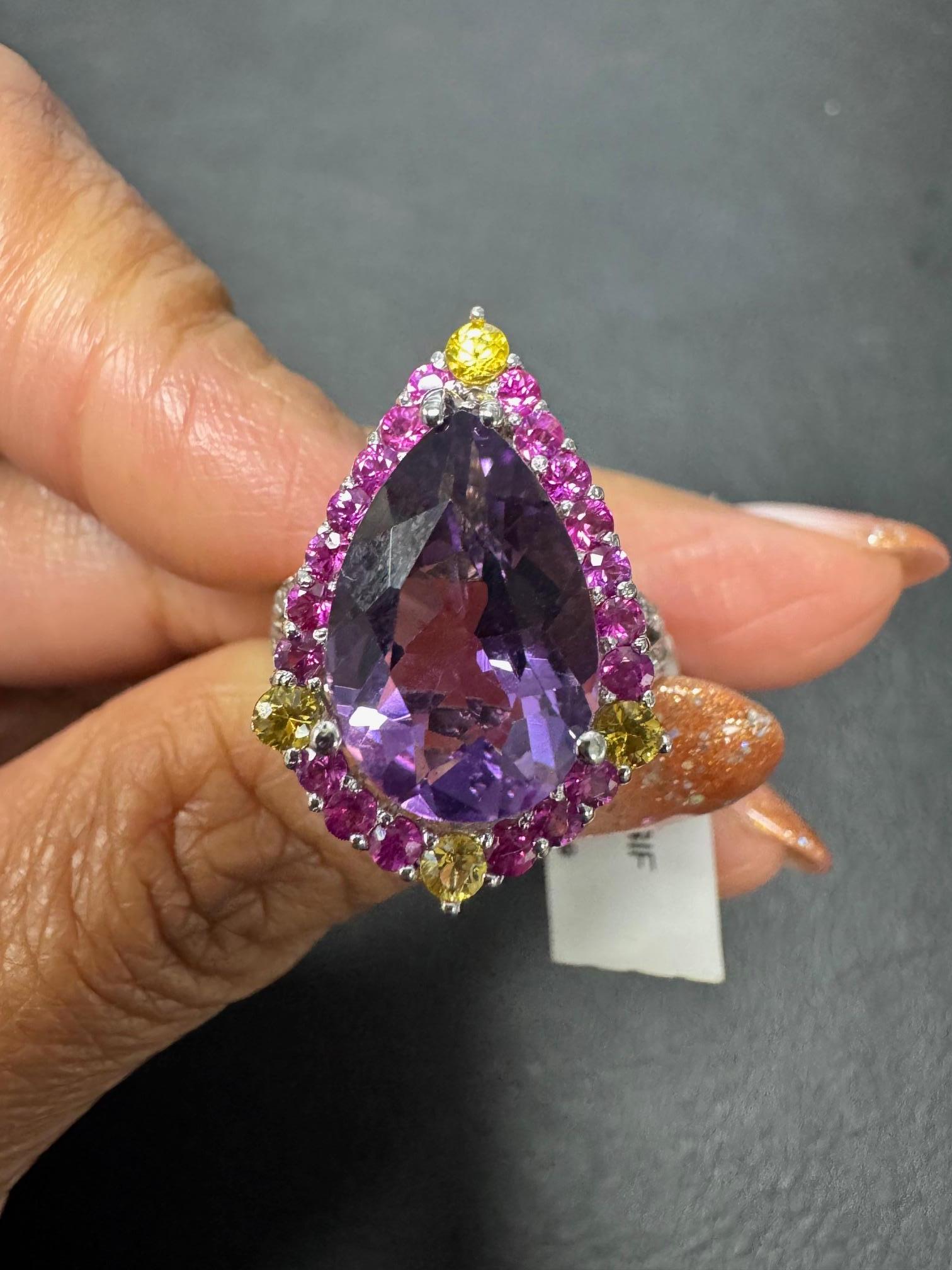 Amatista Zafiro Rosa Diamante Oro Blanco Anillo de Cóctel en venta 2