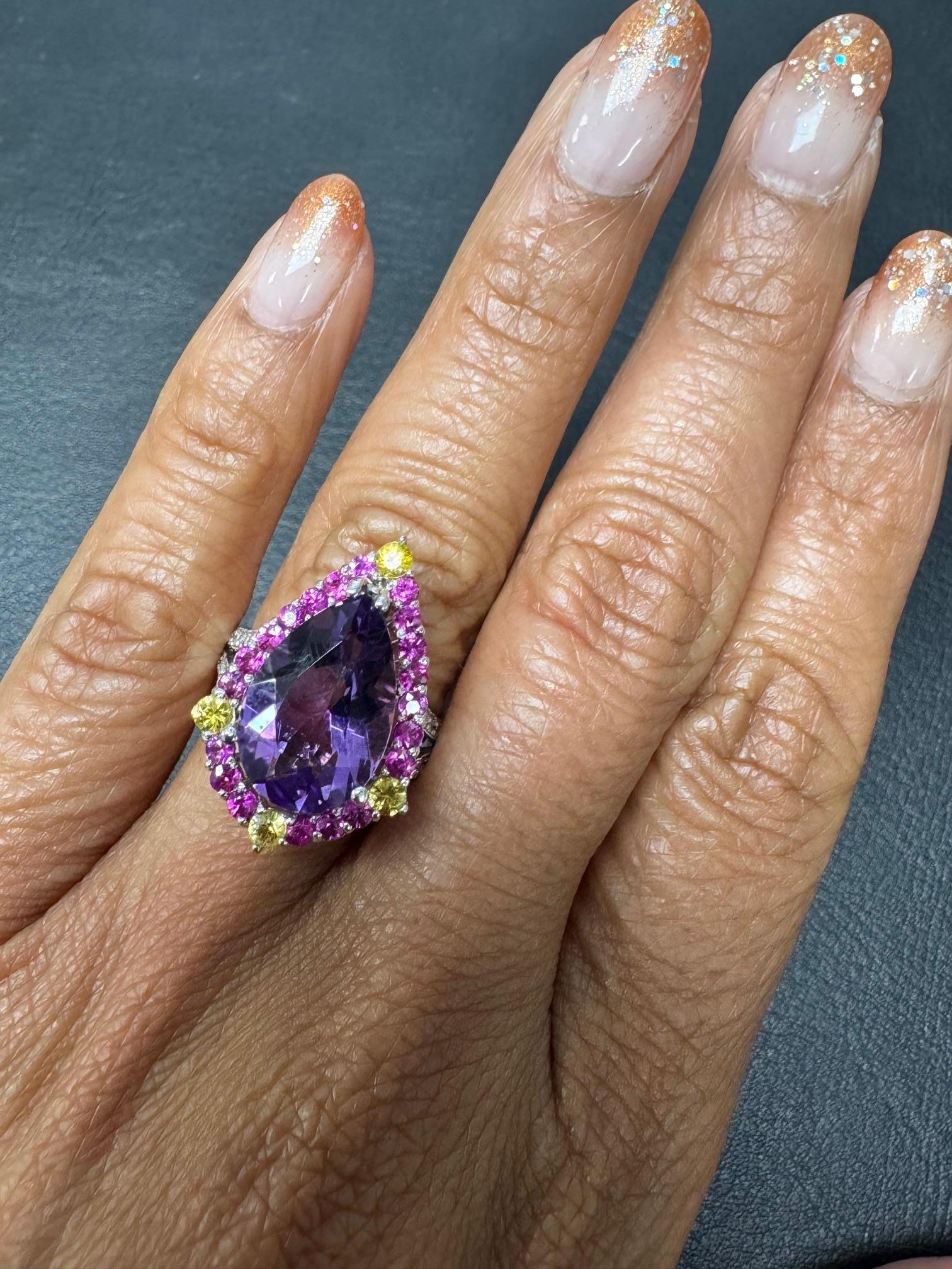 Amatista Zafiro Rosa Diamante Oro Blanco Anillo de Cóctel Corte pera en venta