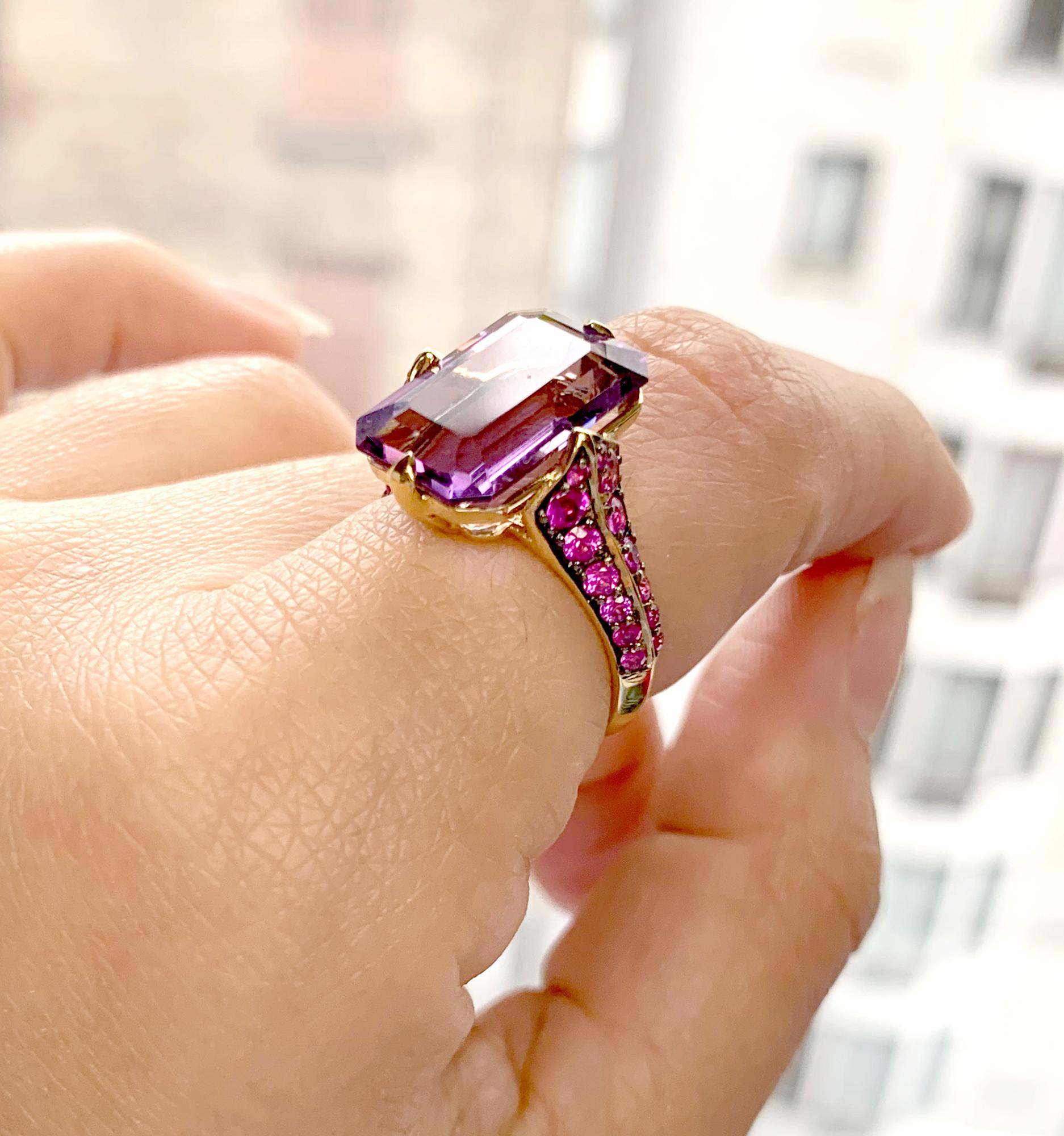 Amethyst & Pink Sapphire Ring in 18K Yellow Gold, from 'Rain Forest' Collection.
Please allow 4-5 weeks for this item to be delivered.

Stone Size: 15 x 10 mm