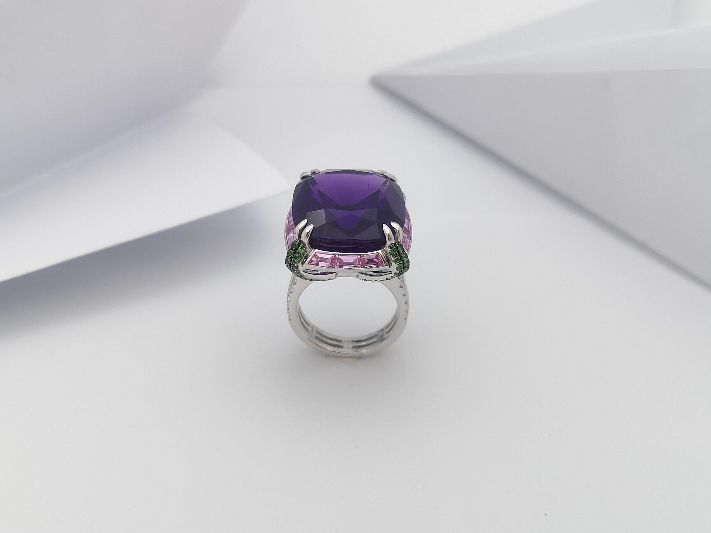 Amethyst, Pink Sapphire, Tsavorite Ring Set in 18 Karat White Gold Settings For Sale 3