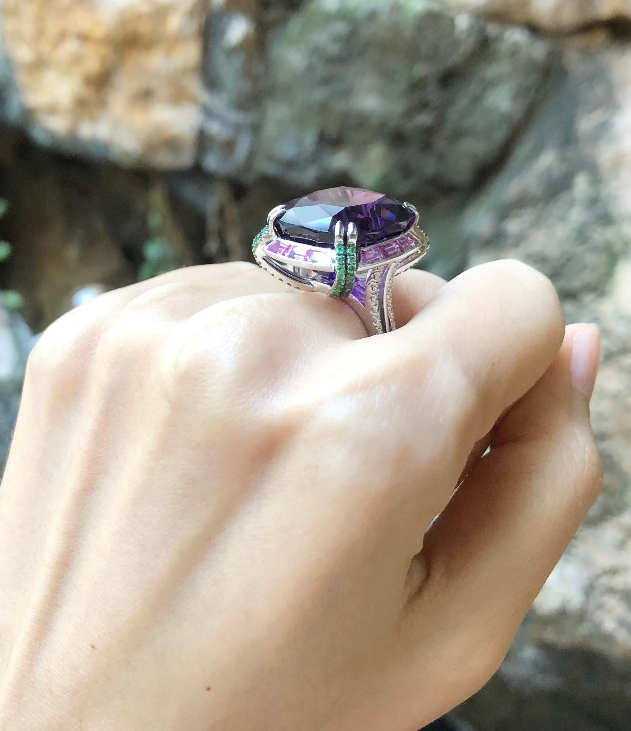 Amethyst, Pink Sapphire, Tsavorite Ring Set in 18 Karat White Gold Settings In New Condition For Sale In Bangkok, TH