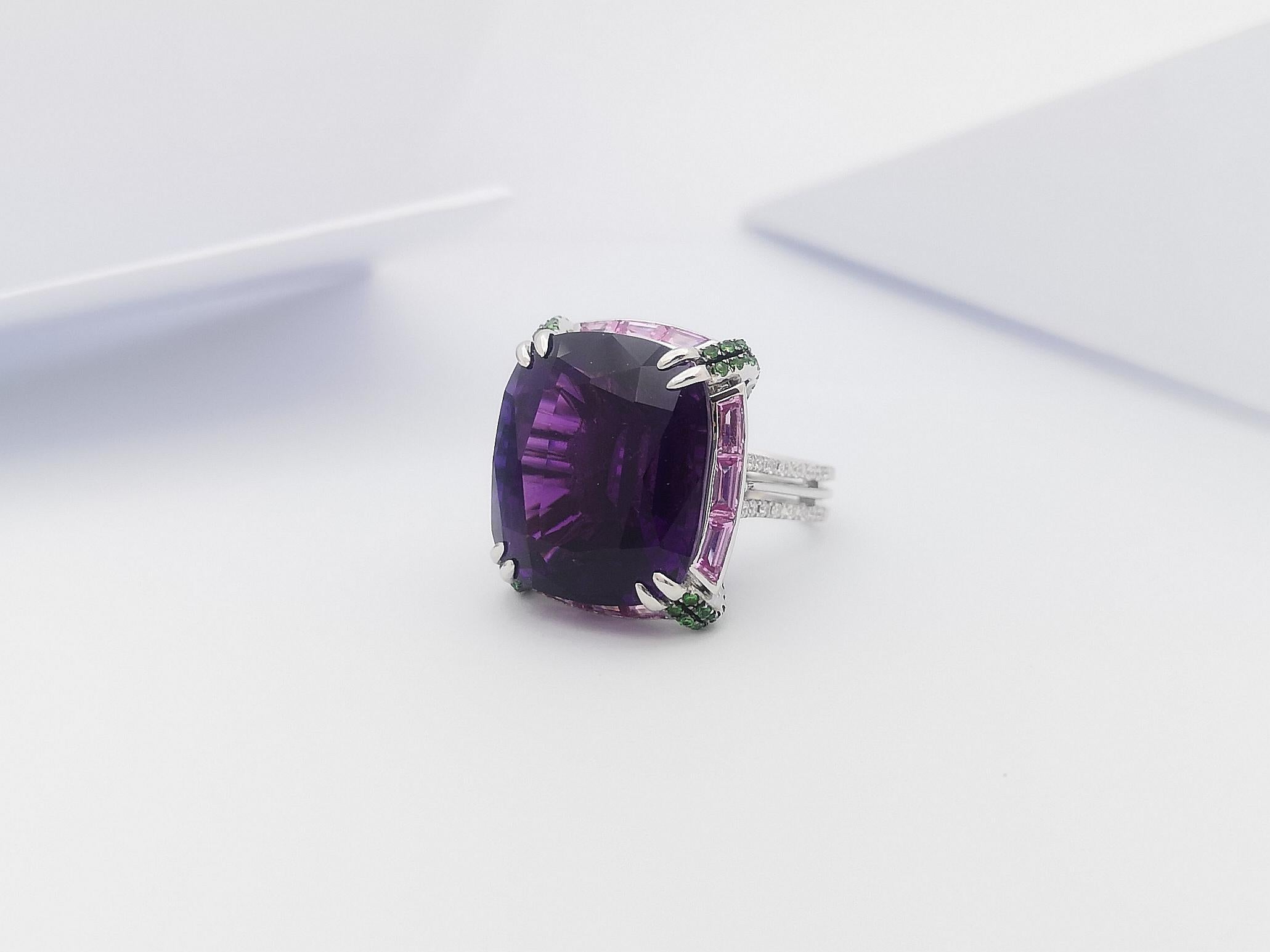 Women's Amethyst, Pink Sapphire, Tsavorite Ring Set in 18 Karat White Gold Settings For Sale