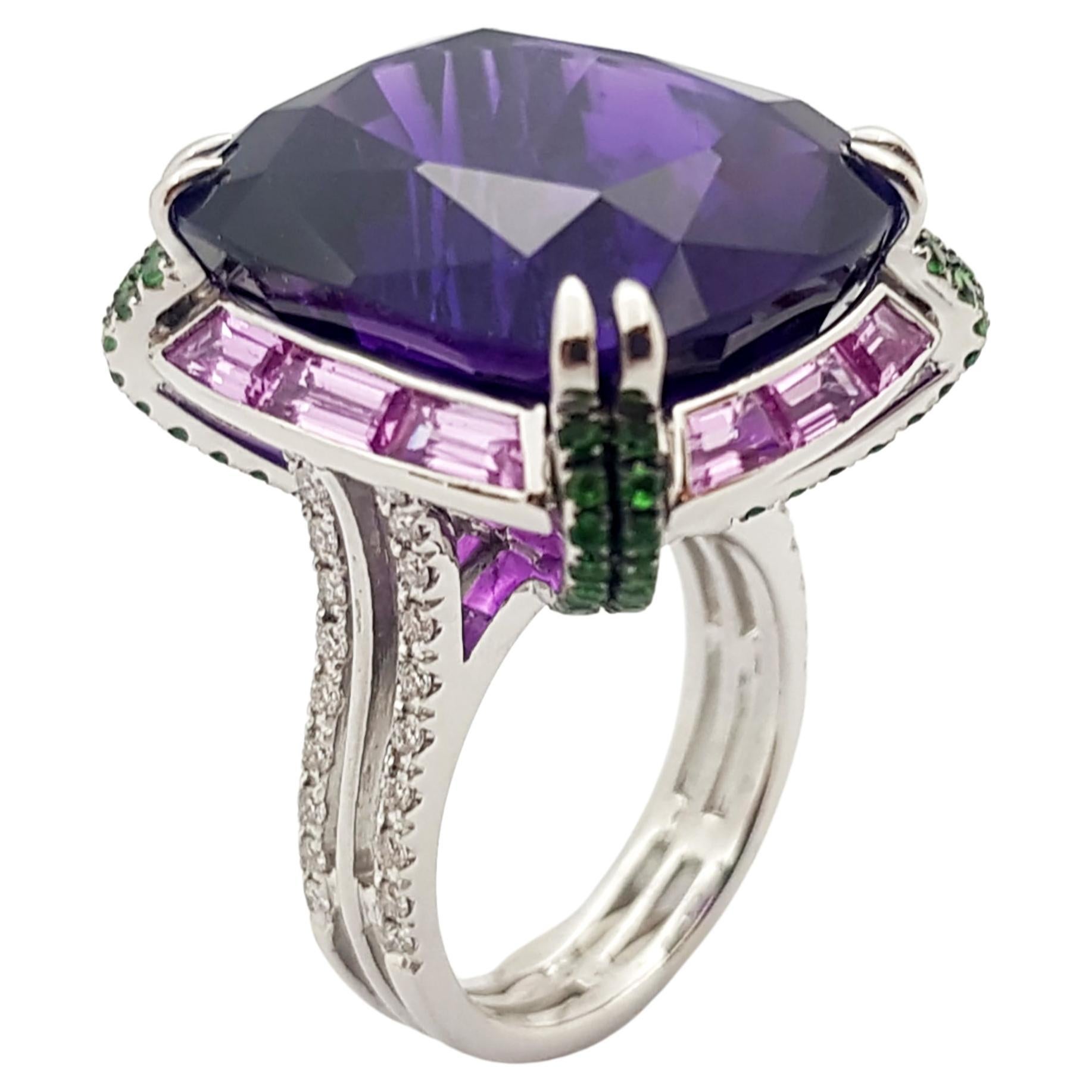 Amethyst, Pink Sapphire, Tsavorite Ring Set in 18 Karat White Gold Settings