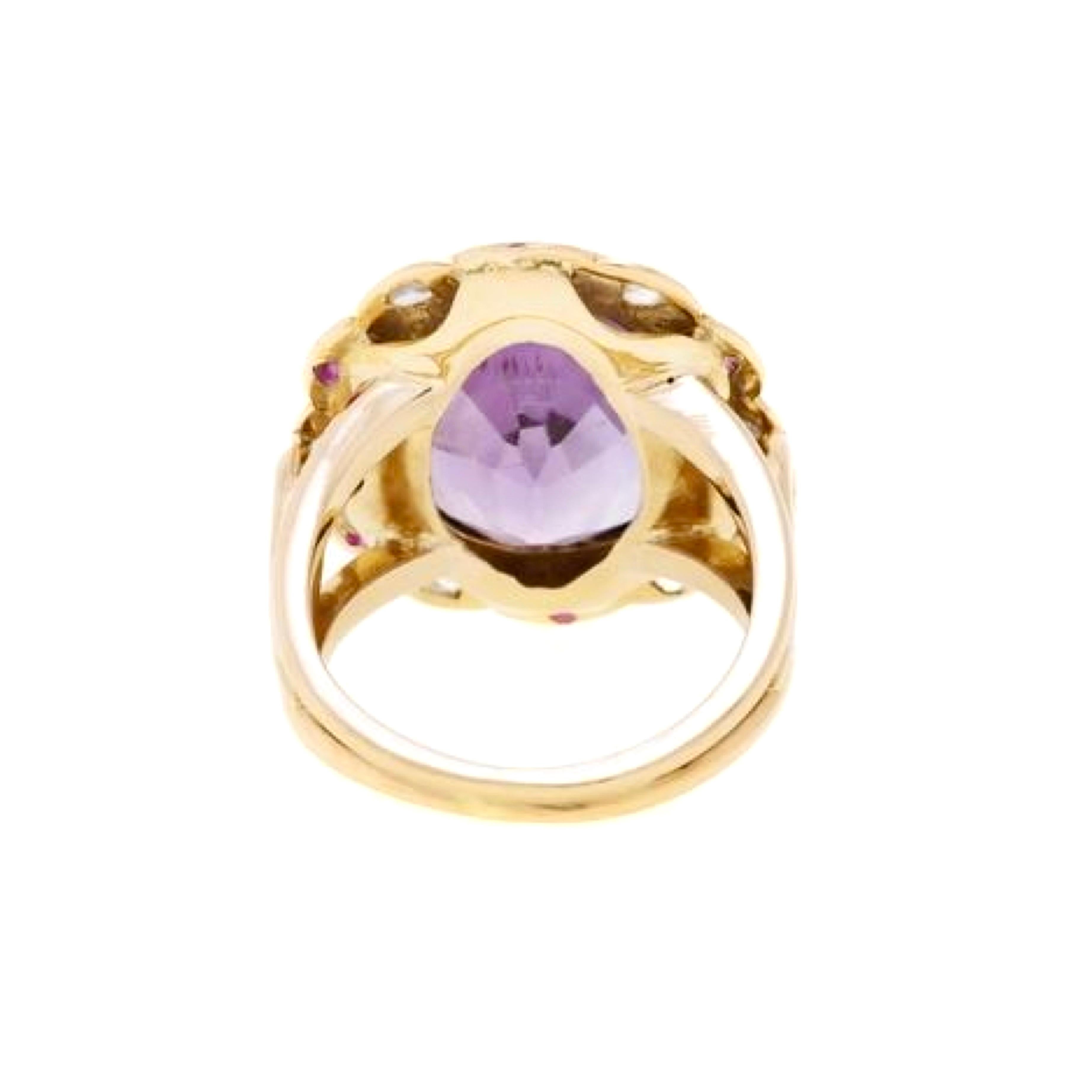 Contemporary Amethyst Pink Sapphires Diamonds 14 Carat Rose Gold Pompadour Ring For Sale