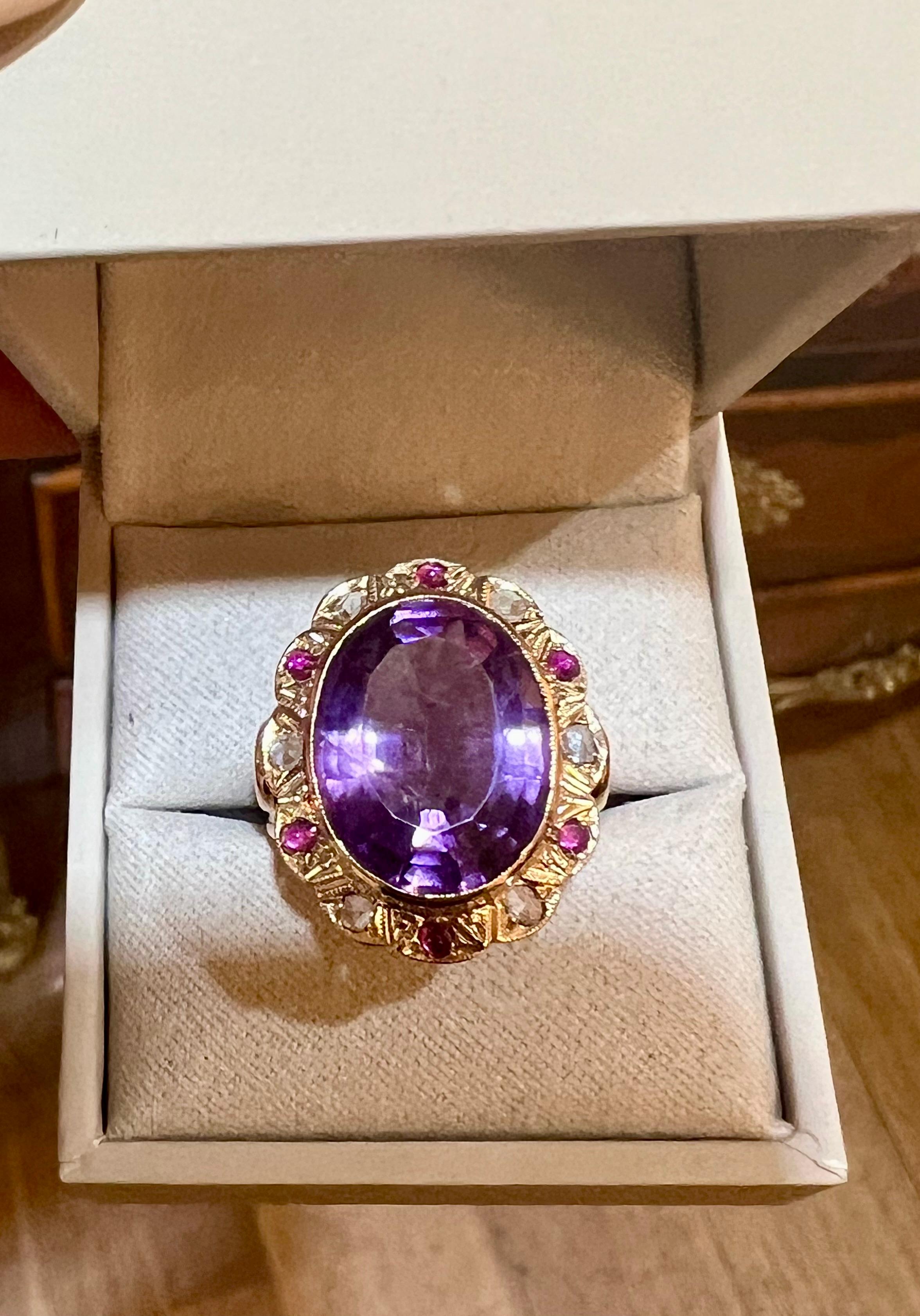 Oval Cut Amethyst Pink Sapphires Diamonds 14 Carat Rose Gold Pompadour Ring For Sale