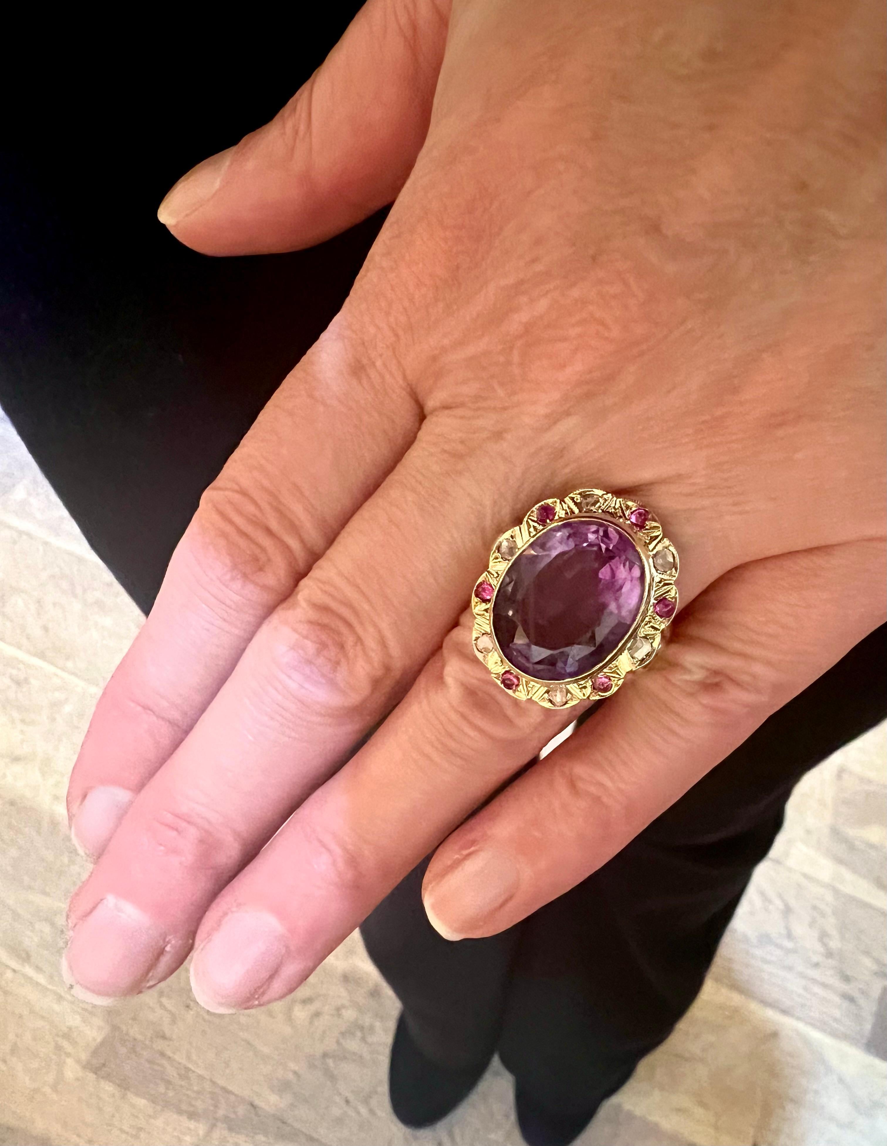 Amethyst Pink Sapphires Diamonds 14 Carat Rose Gold Pompadour Ring In Good Condition For Sale In Paris, FR