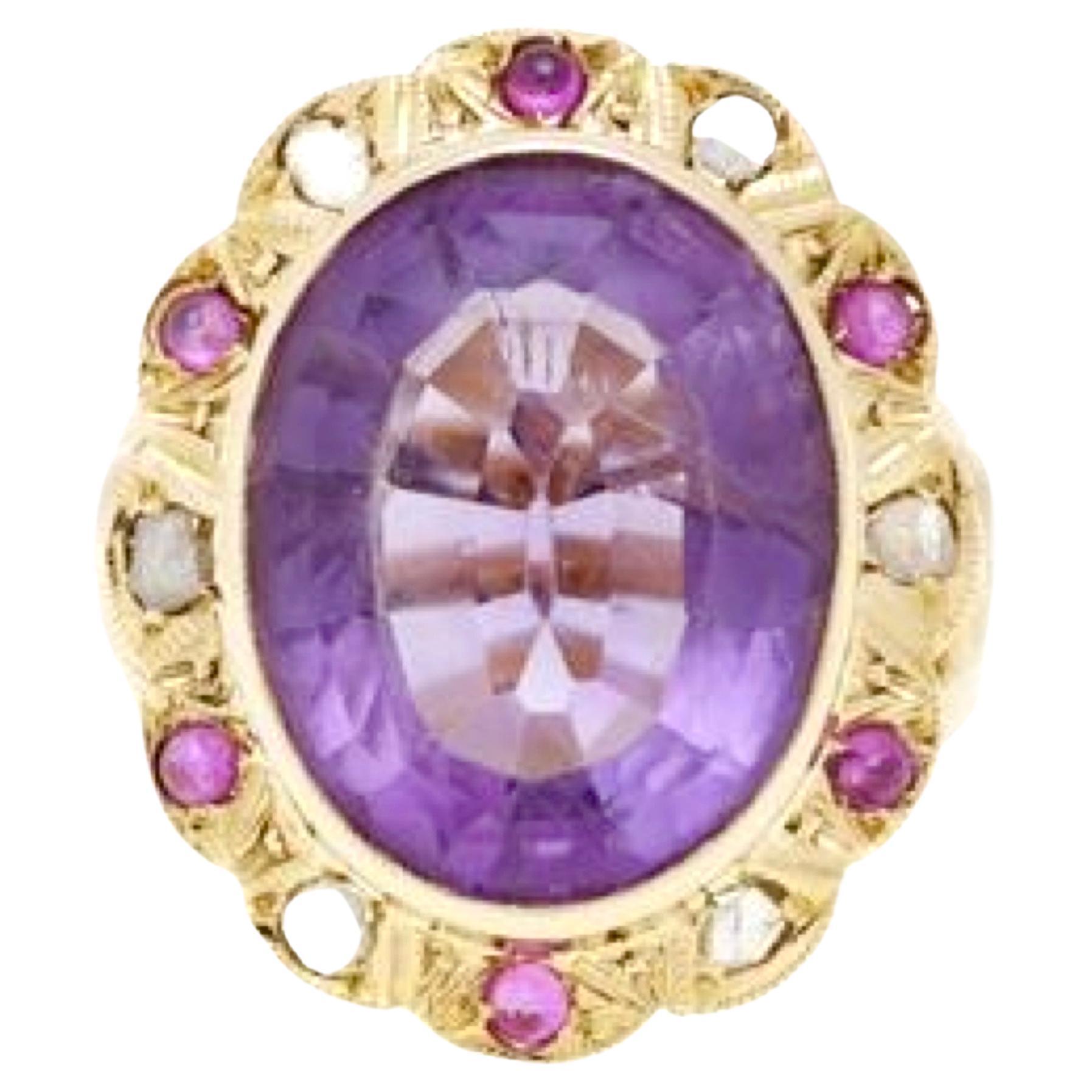 14 Karat Roségold Pompadour-Ring mit Amethyst, rosa Saphiren und Diamanten