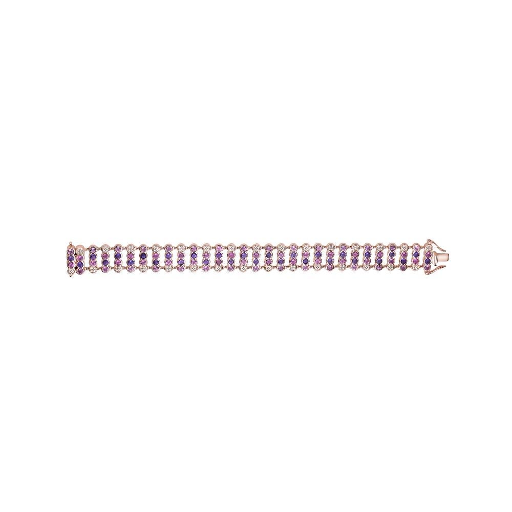 Round Cut Amethyst, Pink Tourmaline and White Diamond Bracelet in 18k Rose Gold For Sale