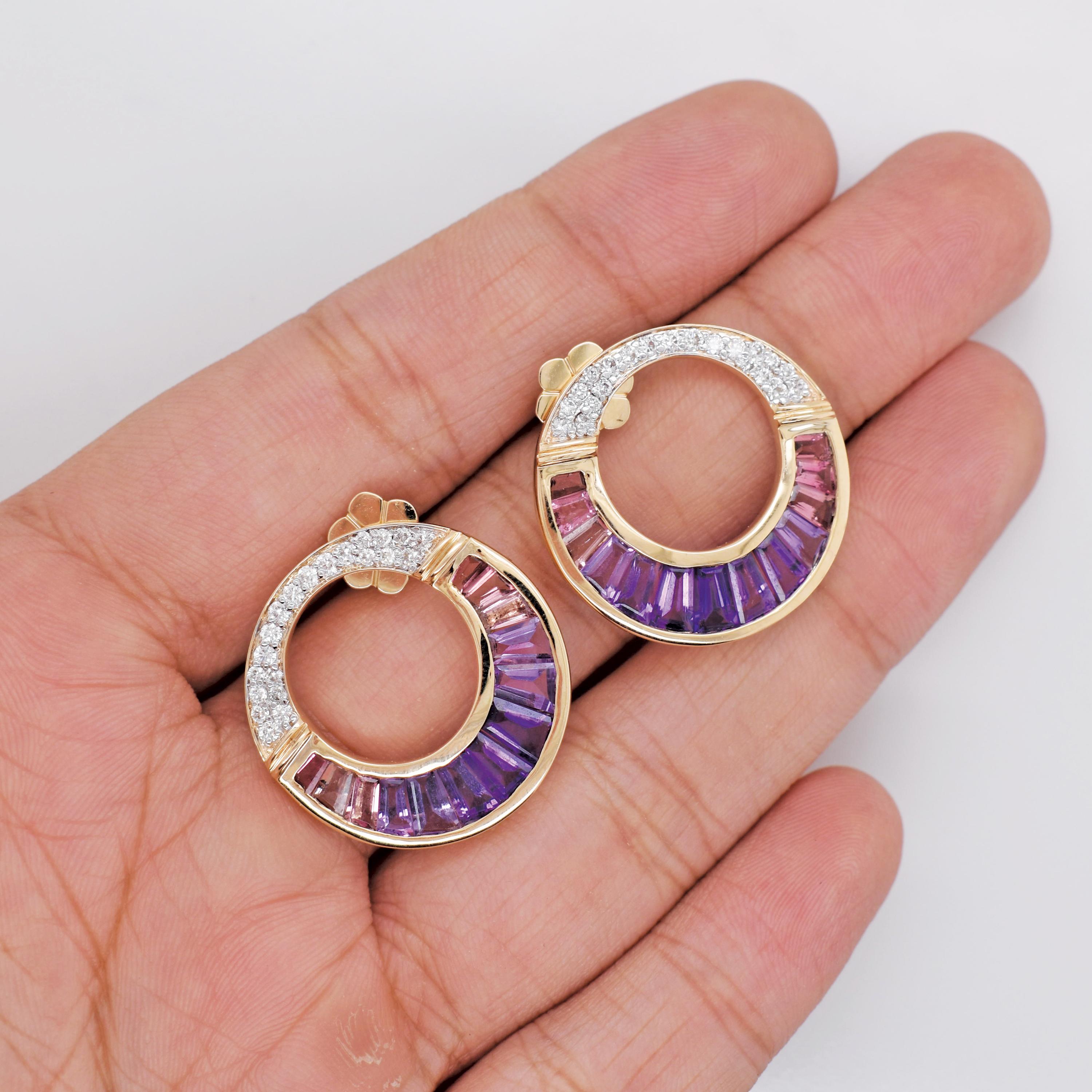 Pendientes Amatista Turmalina Rosa Tallada a Medida Engastados en Canal Oro Amarillo en venta 5