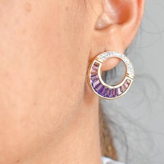 Amethyst Pink Tourmaline Custom Cut Channel Setting Stud Earrings Yellow Gold