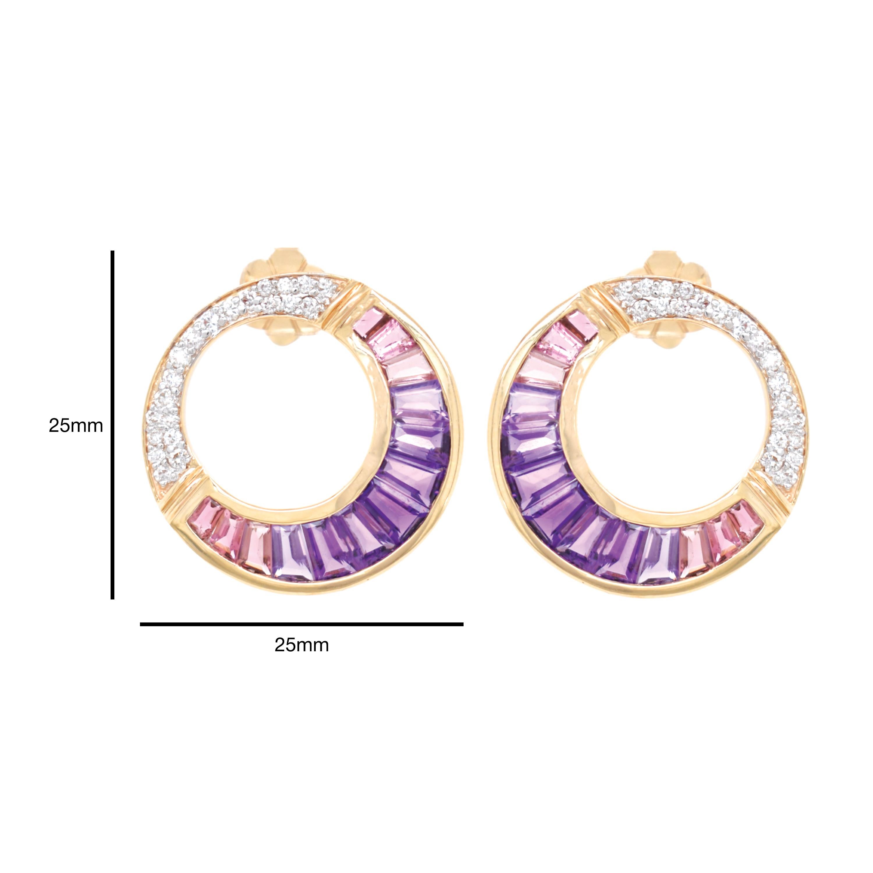 Pendientes Amatista Turmalina Rosa Tallada a Medida Engastados en Canal Oro Amarillo Contemporáneo en venta