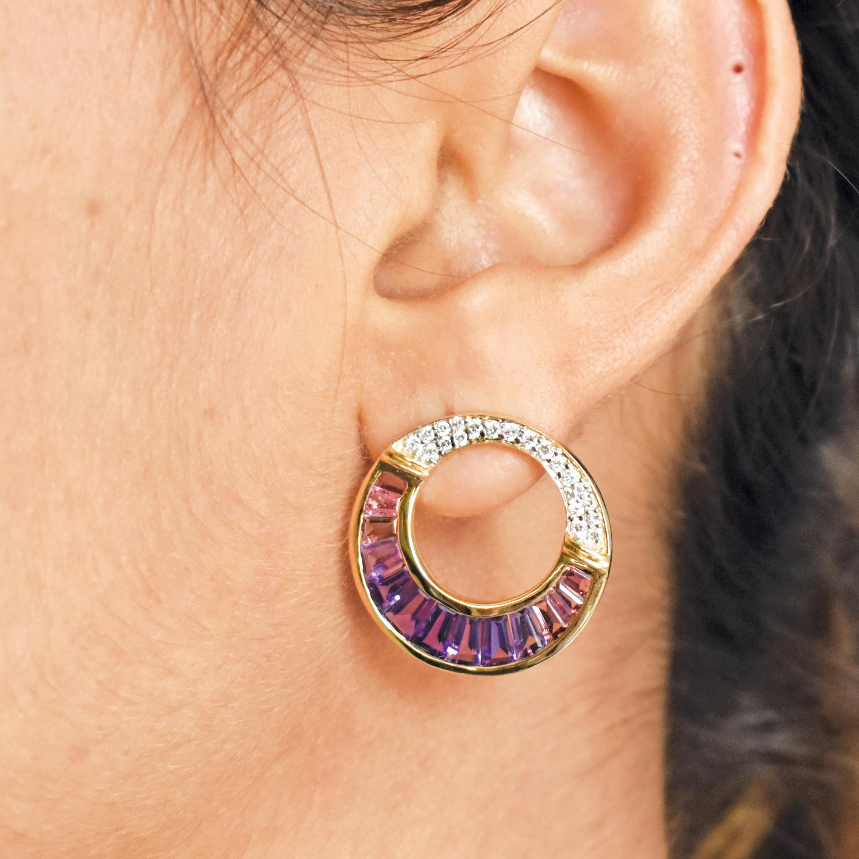 Pendientes Amatista Turmalina Rosa Tallada a Medida Engastados en Canal Oro Amarillo Baguette cónica en venta